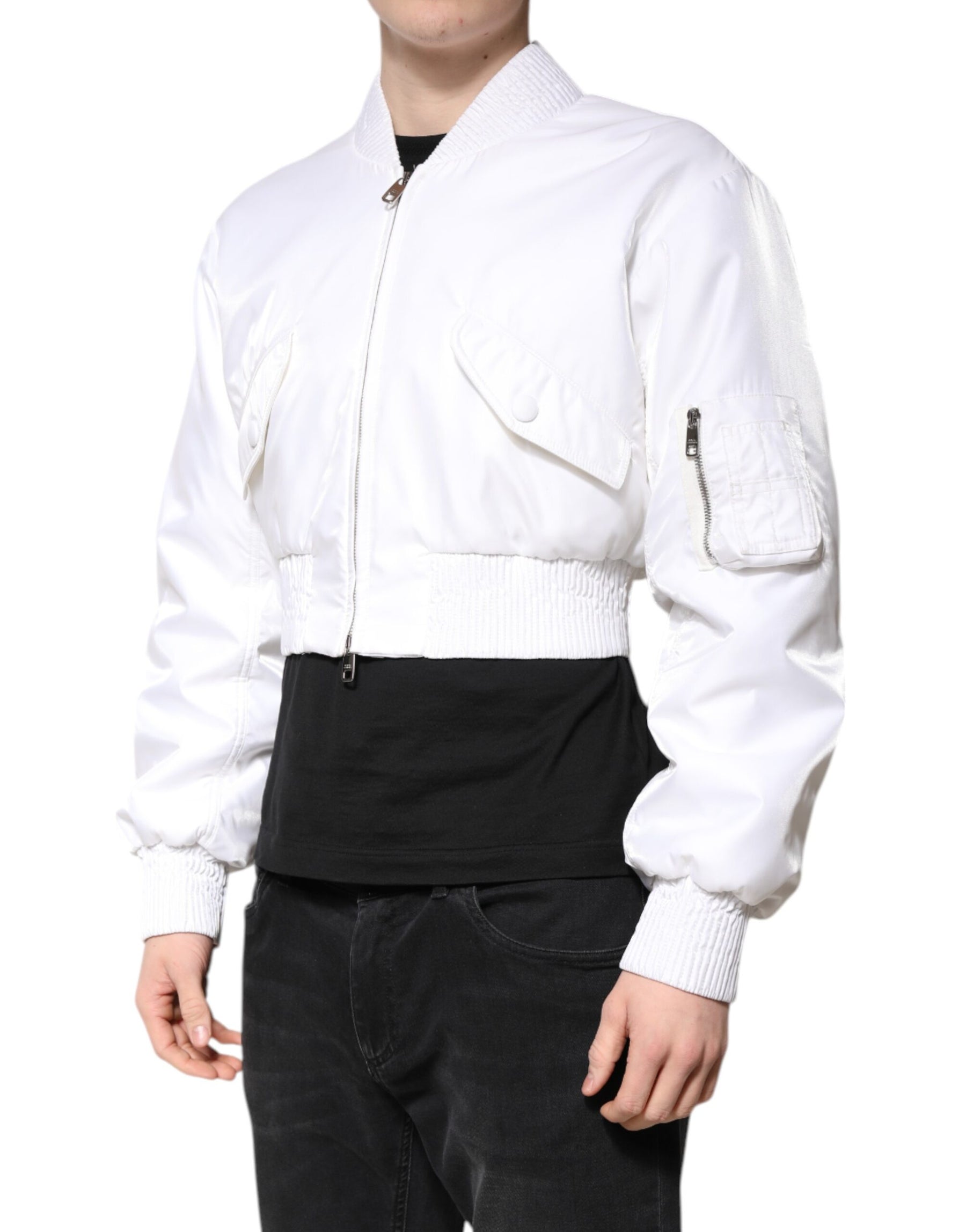 Dolce & Gabbana White Nylon Full Zip Cropped Bomber Jacket | Regal Royce