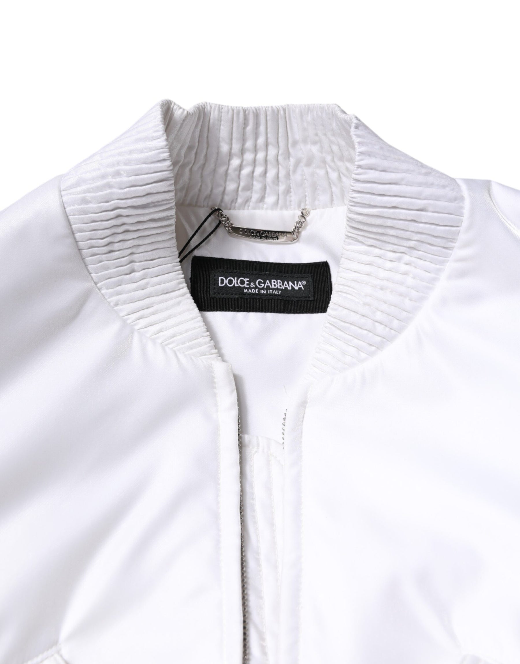Dolce & Gabbana White Nylon Full Zip Cropped Bomber Jacket | Regal Royce