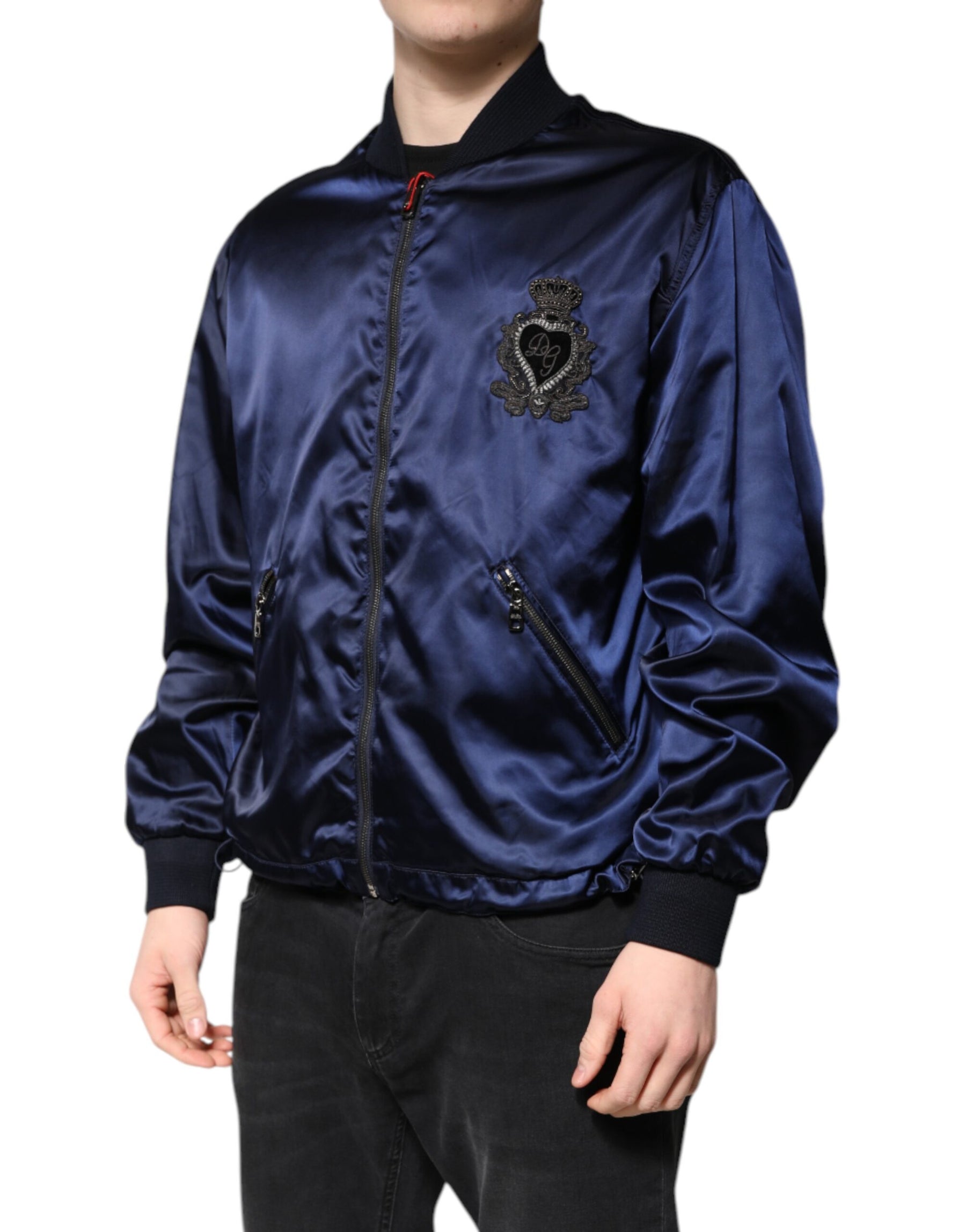 Dolce & Gabbana Blue Nylon DG Crown Full Zip Bomber Jacket | Regal Royce