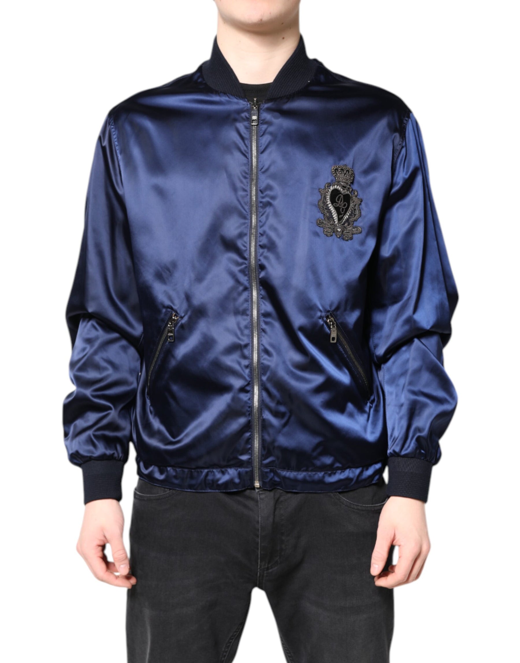 Dolce & Gabbana Blue Nylon DG Crown Full Zip Bomber Jacket | Regal Royce