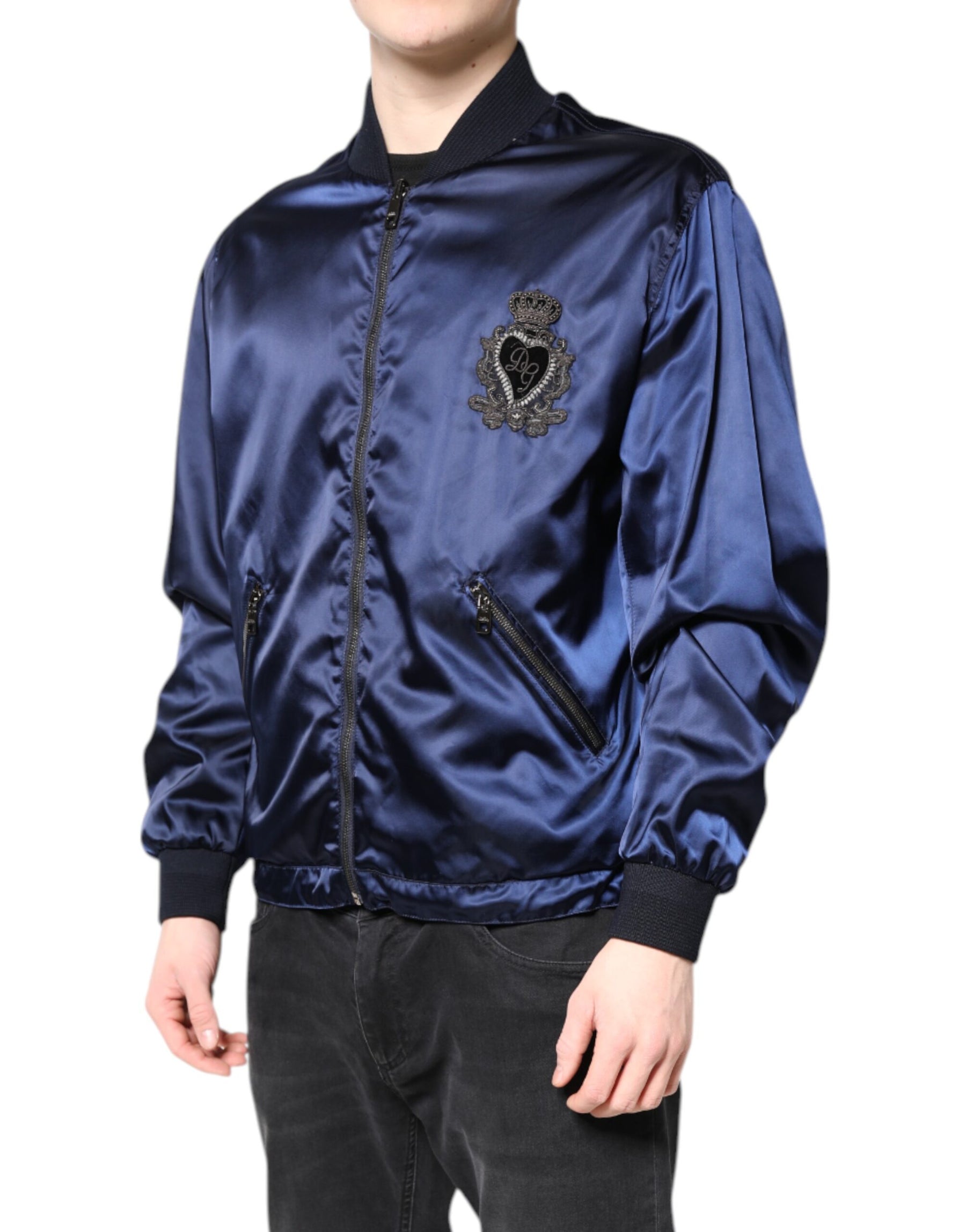 Dolce & Gabbana Blue Nylon DG Crown Full Zip Bomber Jacket | Regal Royce