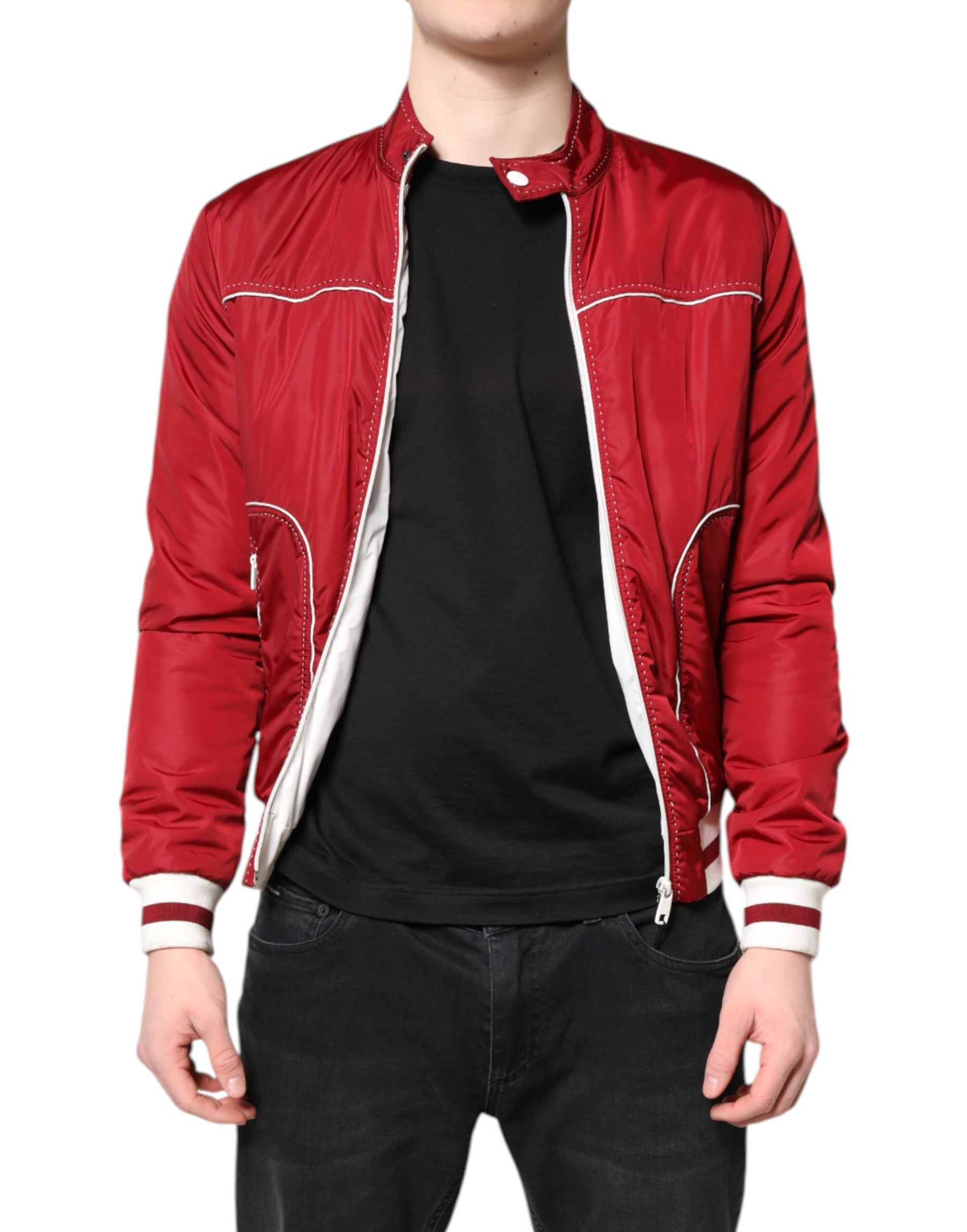 Dolce & Gabbana Red White Nylon Full Zip Men Bomber Jacket | Regal Royce