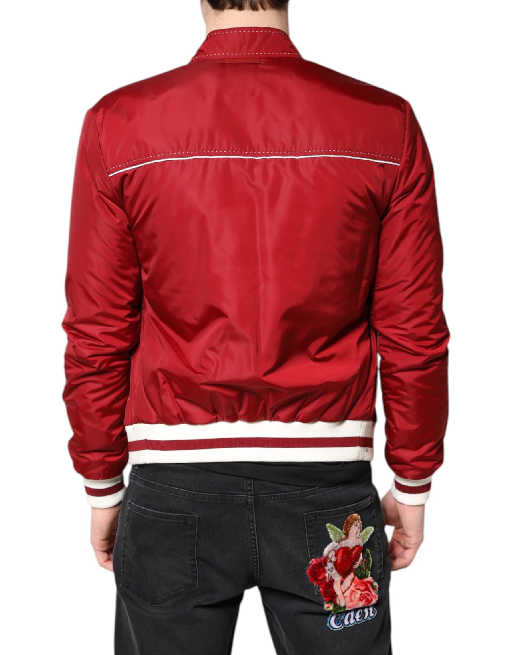 Dolce & Gabbana Red White Nylon Full Zip Men Bomber Jacket | Regal Royce
