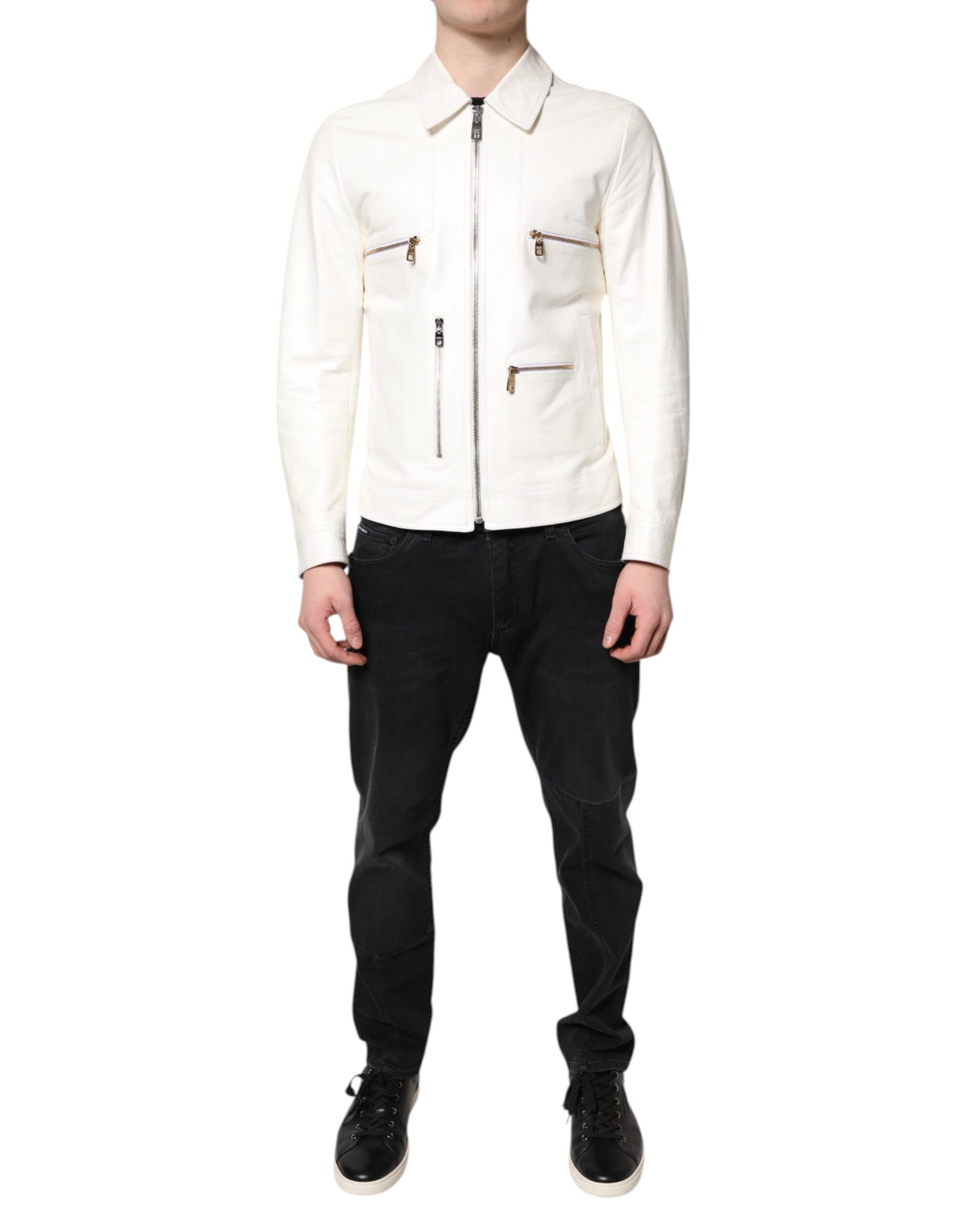 Dolce & Gabbana White Collared Full Zip Biker Coat Jacket | Regal Royce