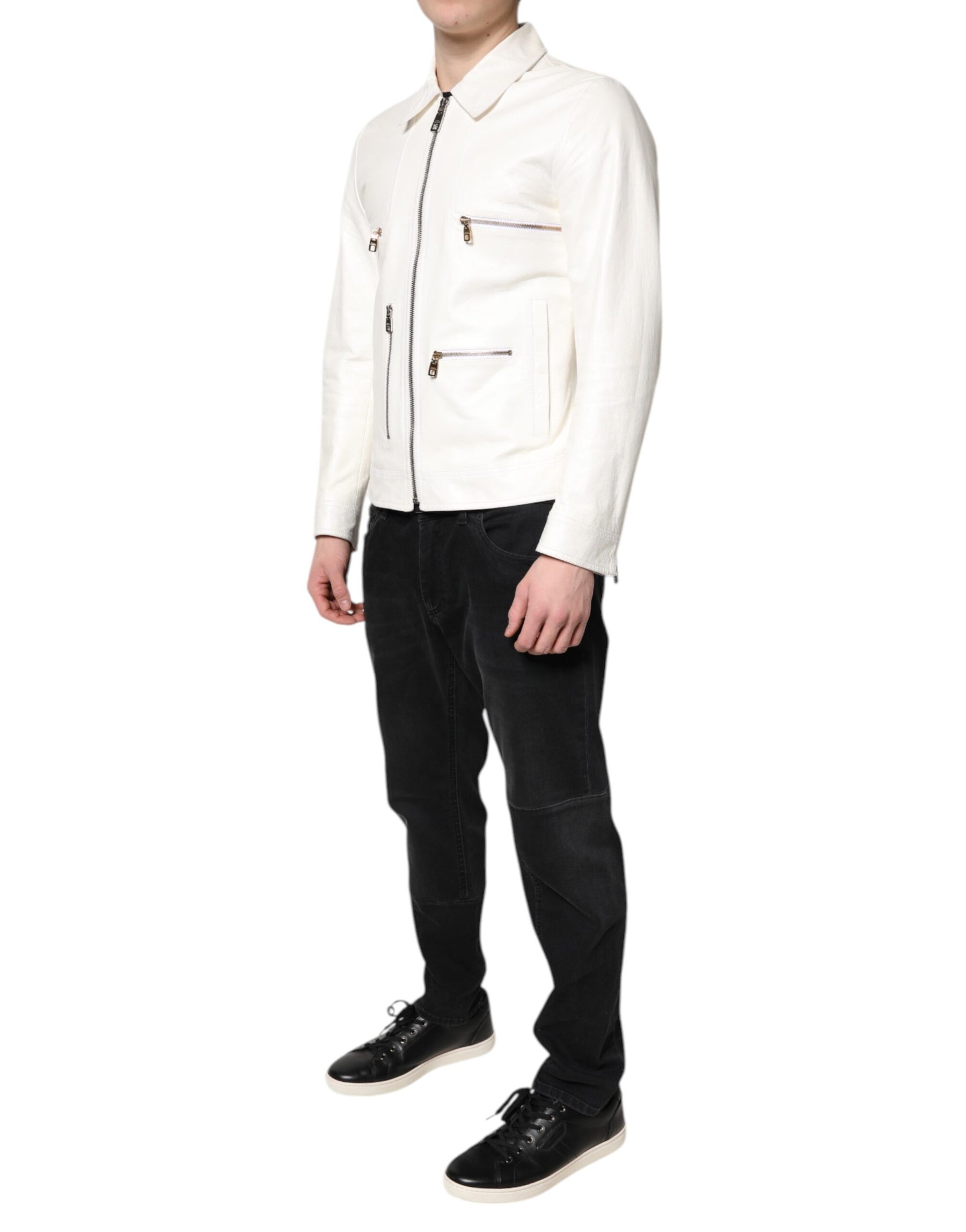 Dolce & Gabbana White Collared Full Zip Biker Coat Jacket | Regal Royce