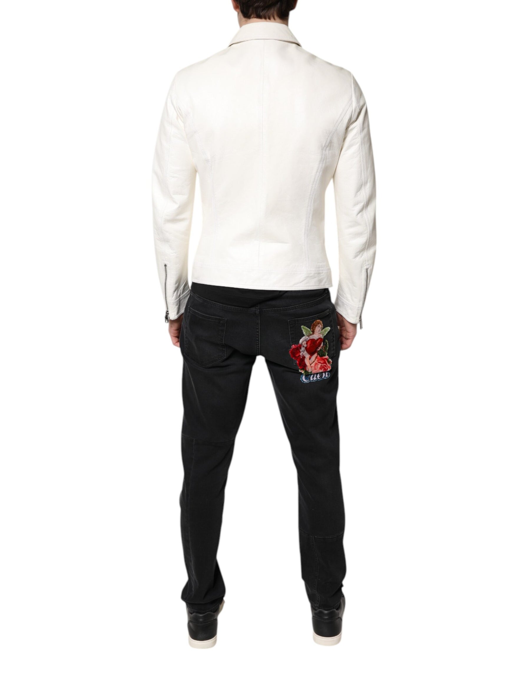 Dolce & Gabbana White Collared Full Zip Biker Coat Jacket | Regal Royce