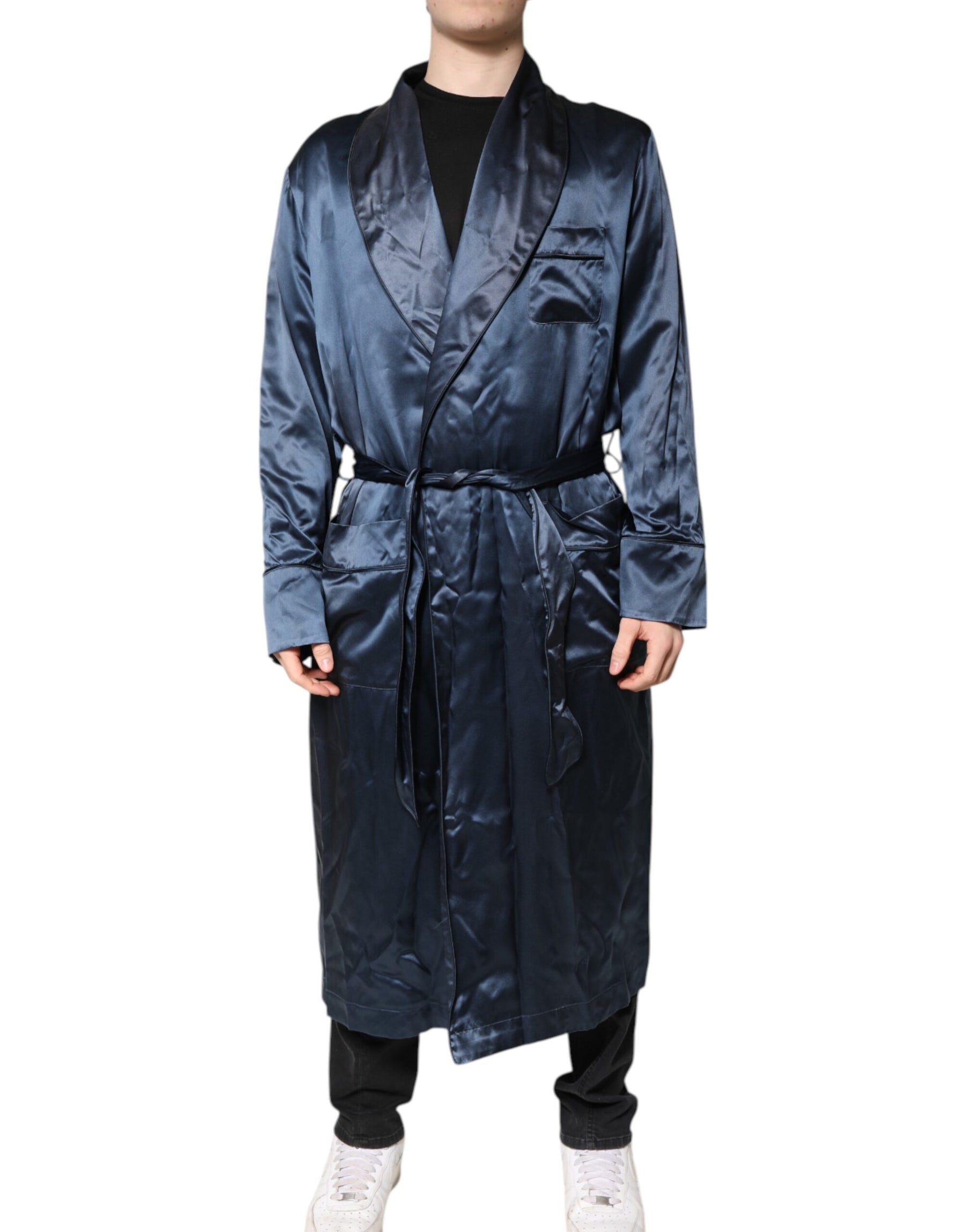 Dolce & Gabbana Blue Solid Silk Men Wrap Robe Coat Jacket | Regal Royce