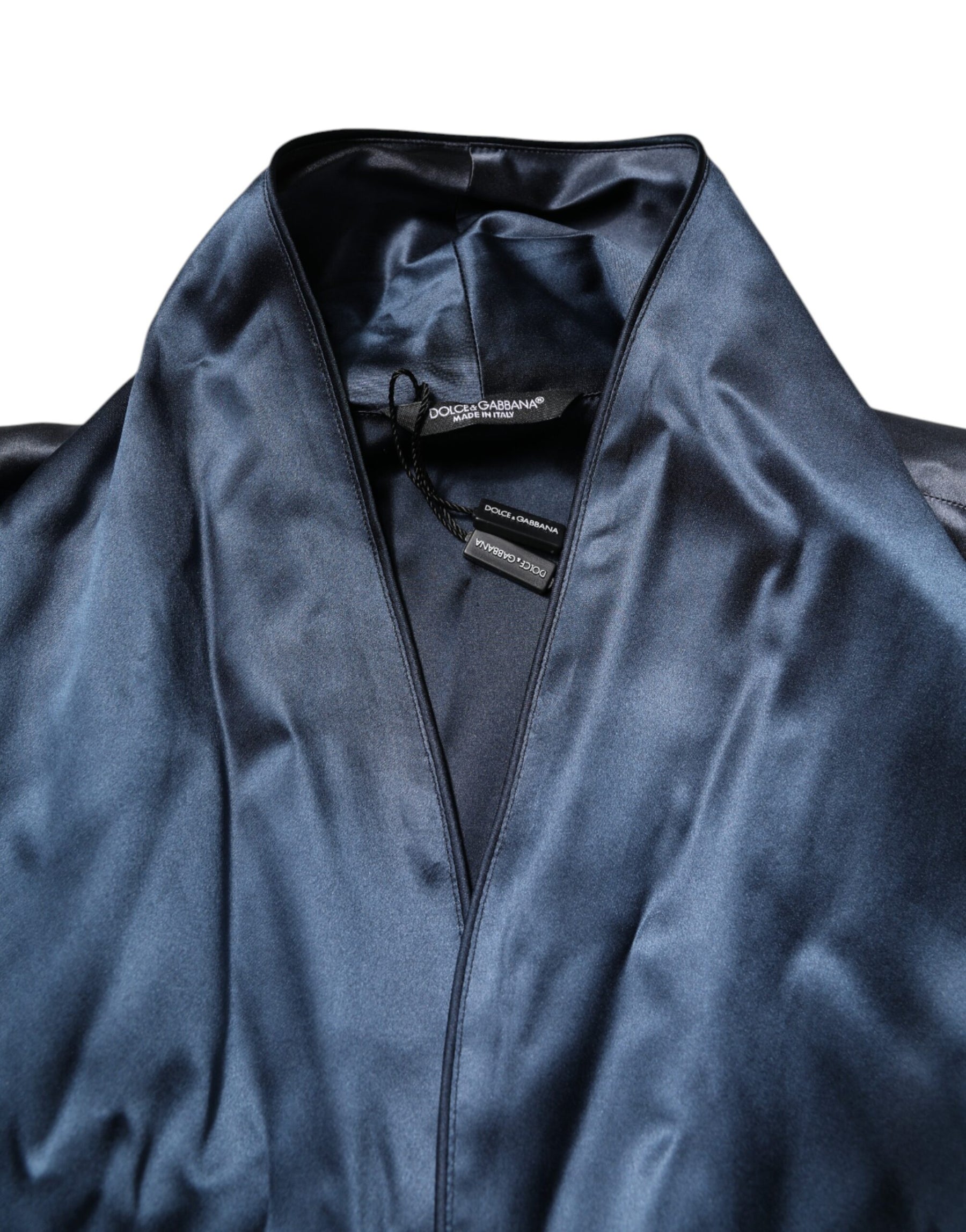Dolce & Gabbana Blue Solid Silk Men Wrap Robe Coat Jacket | Regal Royce