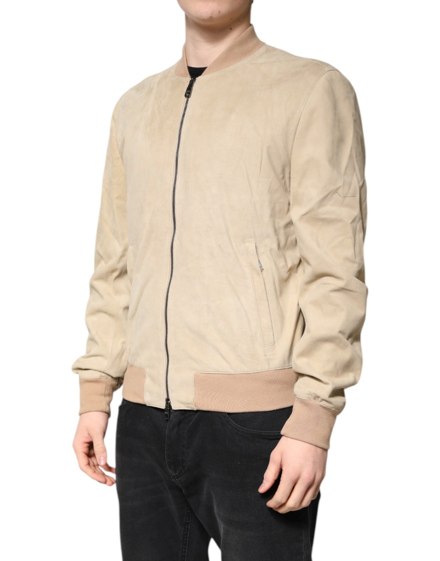 Dolce & Gabbana Beige Lambskin Full Zip Men Bomber Jacket | Regal Royce