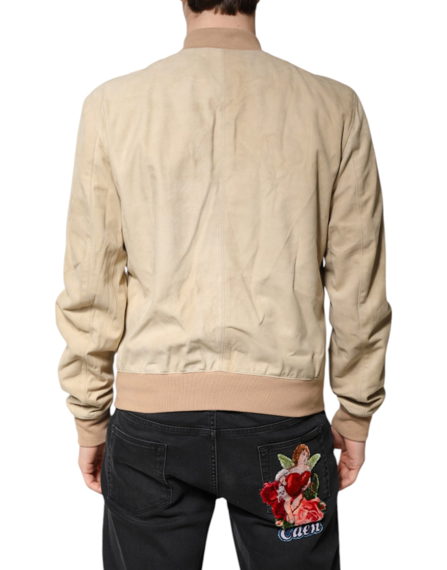 Dolce & Gabbana Beige Lambskin Full Zip Men Bomber Jacket | Regal Royce