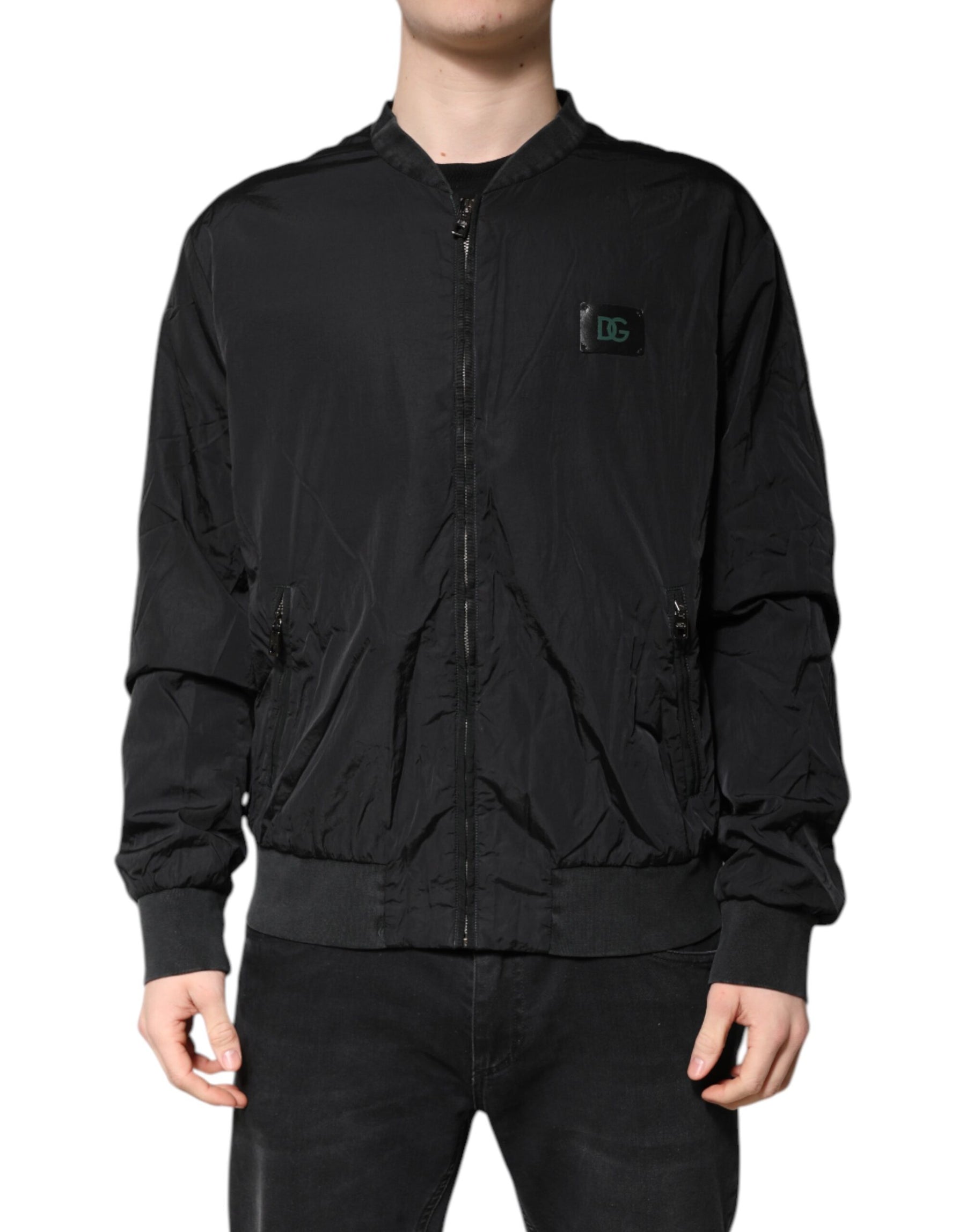 Dolce & Gabbana Black Nylon Logo Full Zip Bomber Jacket | Regal Royce