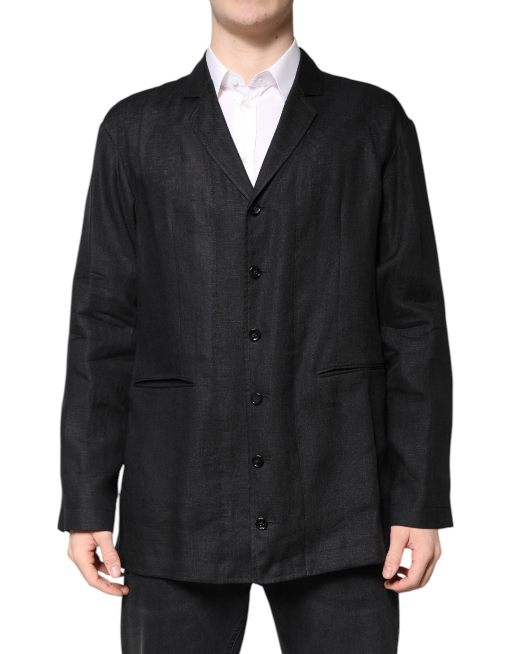 Dolce & Gabbana Black Linen Single Breasted Men Coat Blazer | Regal Royce