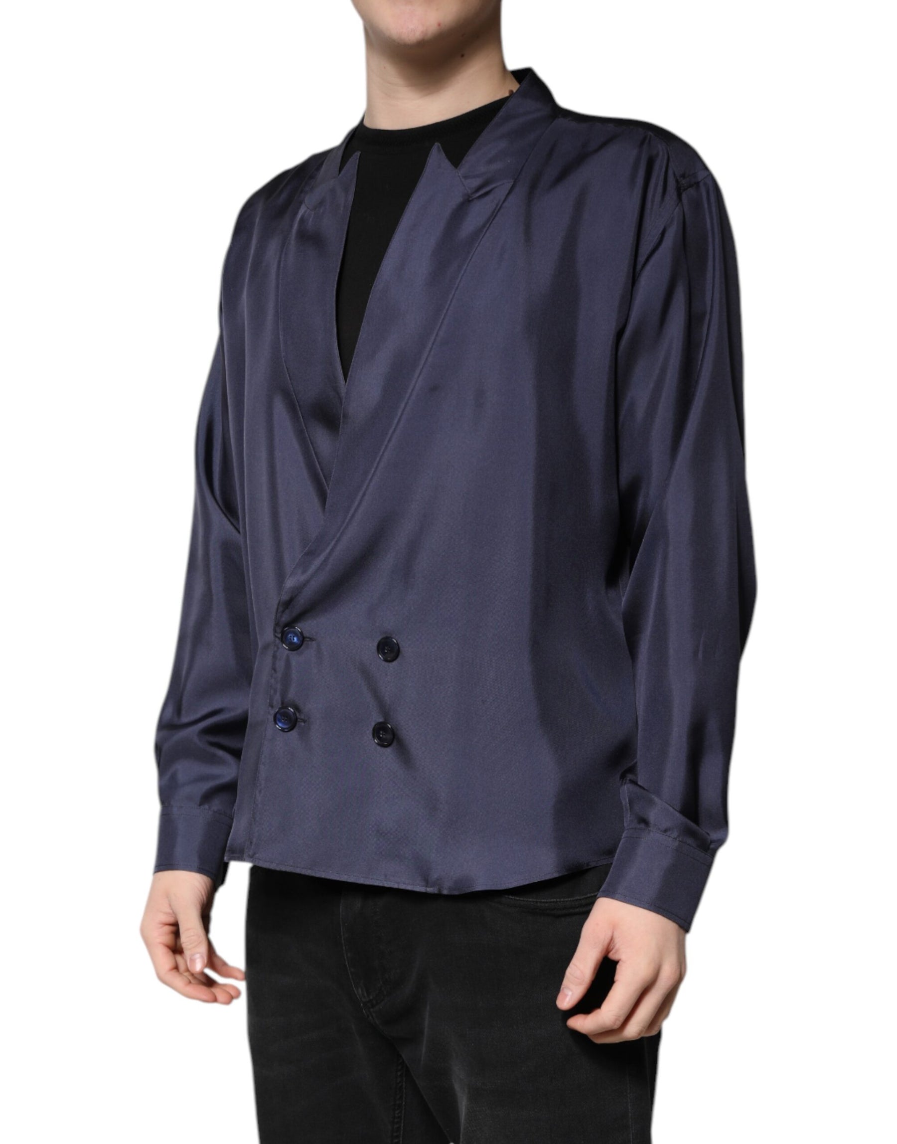 Dolce & Gabbana Dark Blue Silk Double Breasted Shirt | Regal Royce