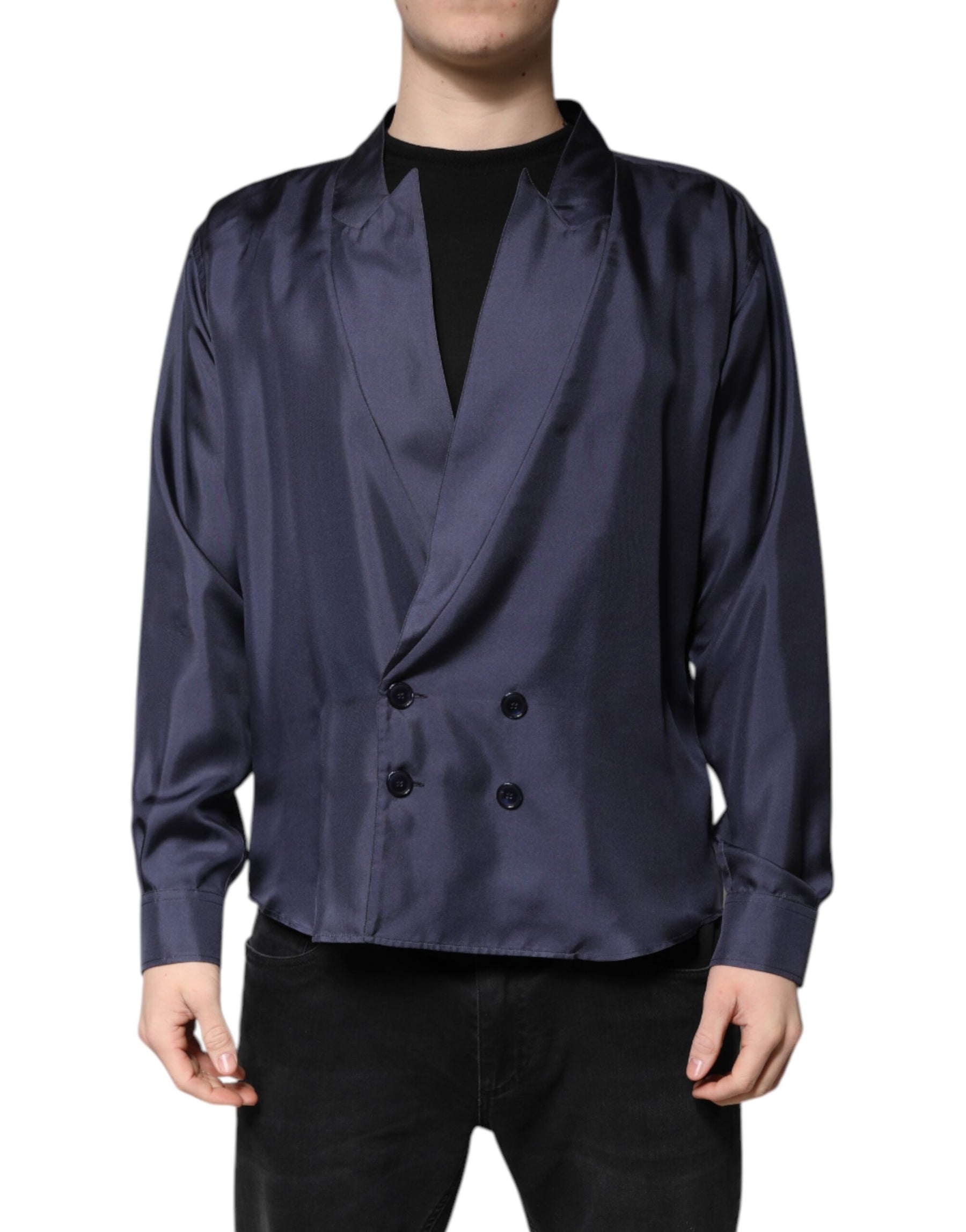 Dolce & Gabbana Dark Blue Silk Double Breasted Shirt | Regal Royce