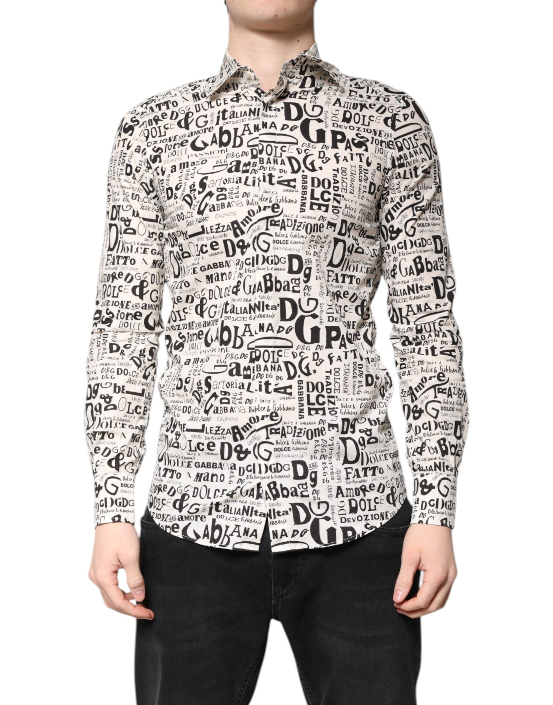 Dolce & Gabbana White Black Logo MARTINI Men Casual Shirt | Regal Royce