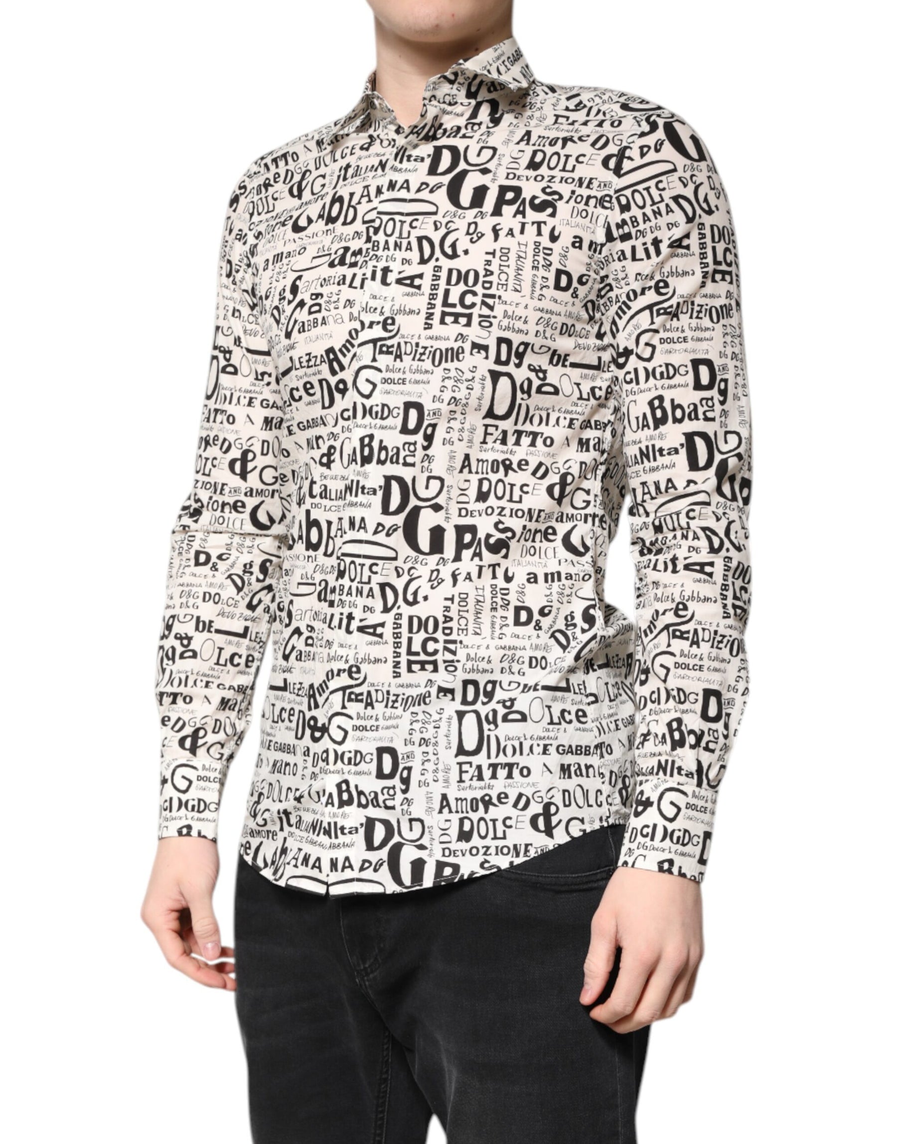 Dolce & Gabbana White Black Logo MARTINI Men Casual Shirt | Regal Royce