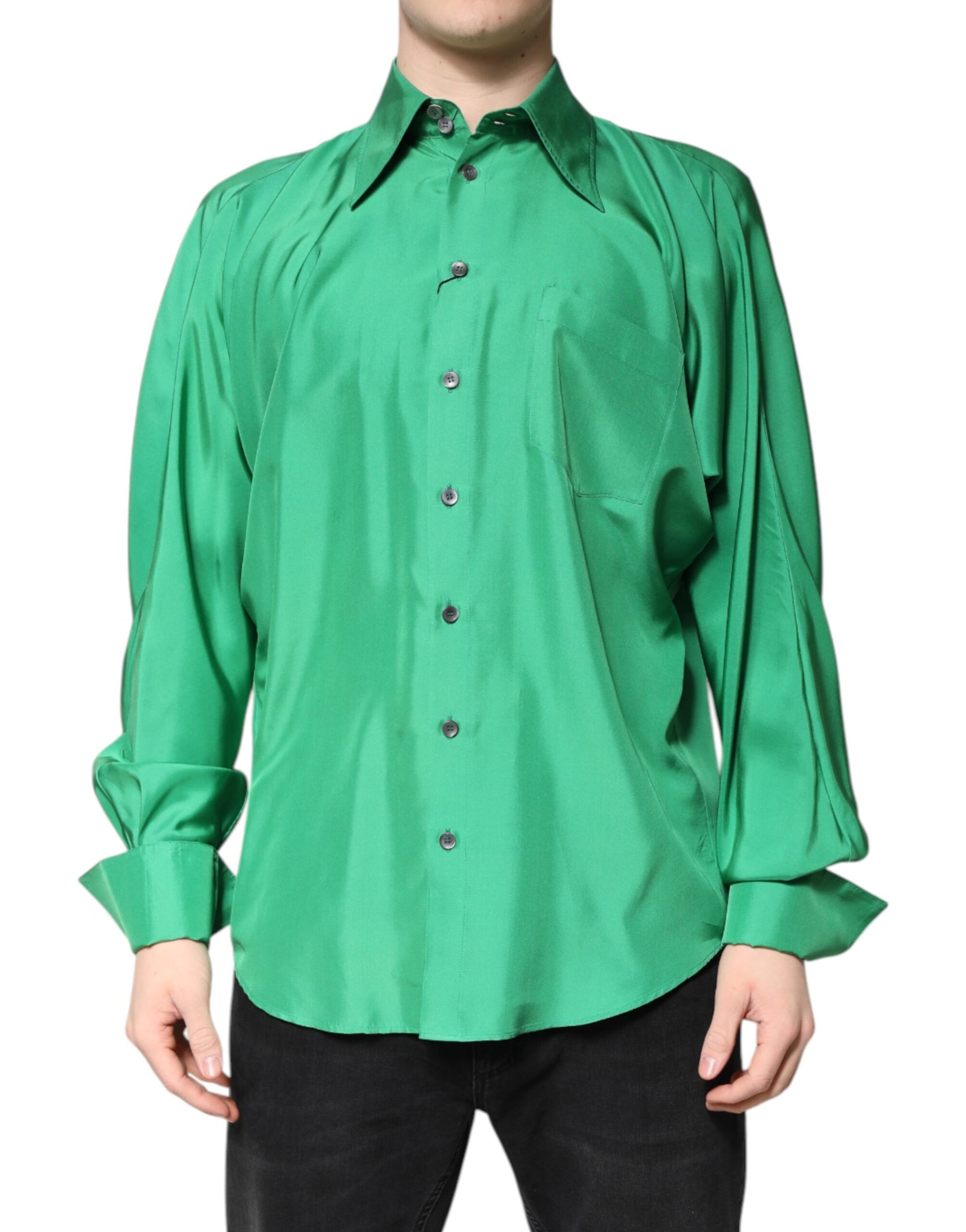 Dolce & Gabbana Green Silk Satin Long Sleeves Casual Shirt | Regal Royce