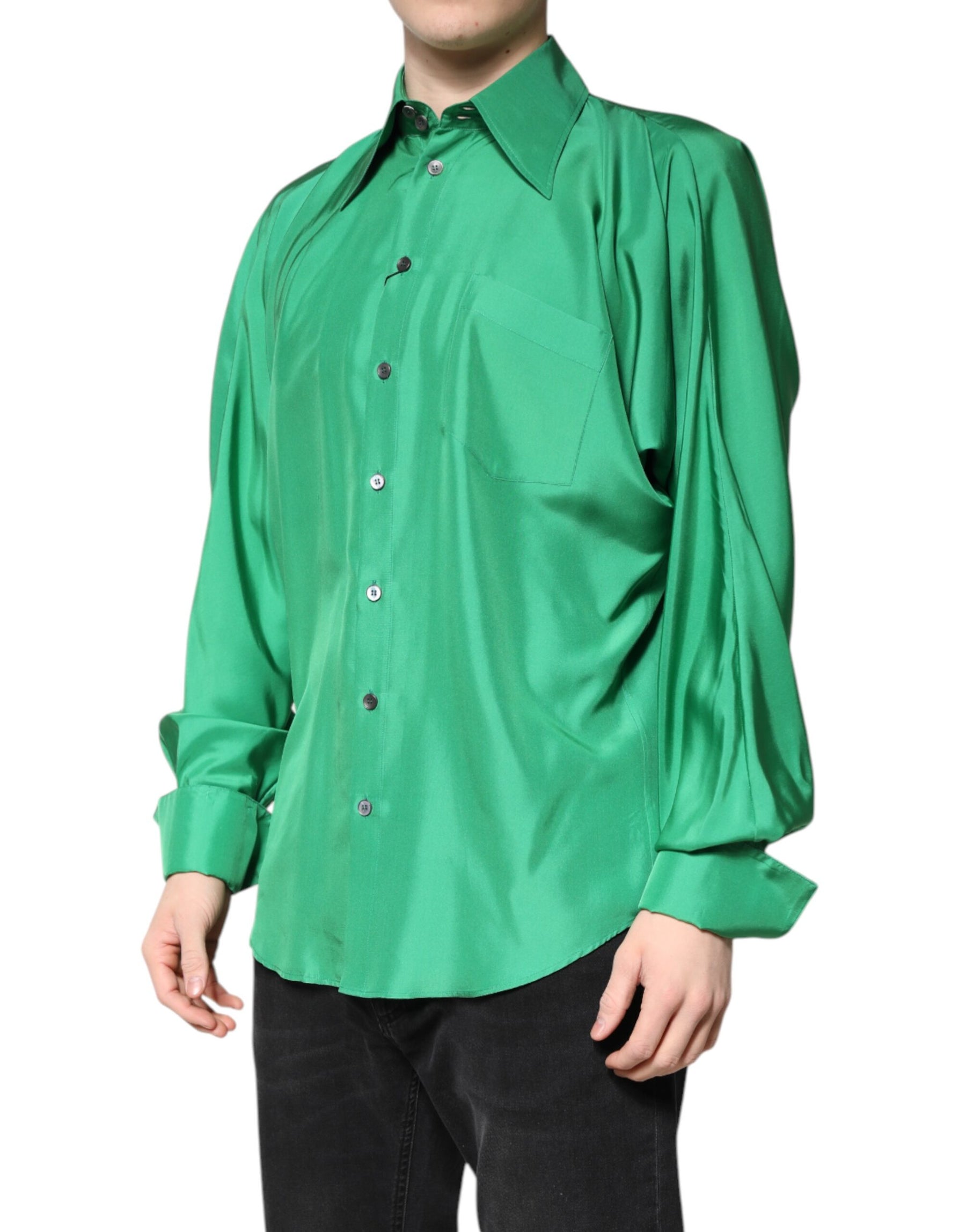 Dolce & Gabbana Green Silk Satin Long Sleeves Casual Shirt | Regal Royce