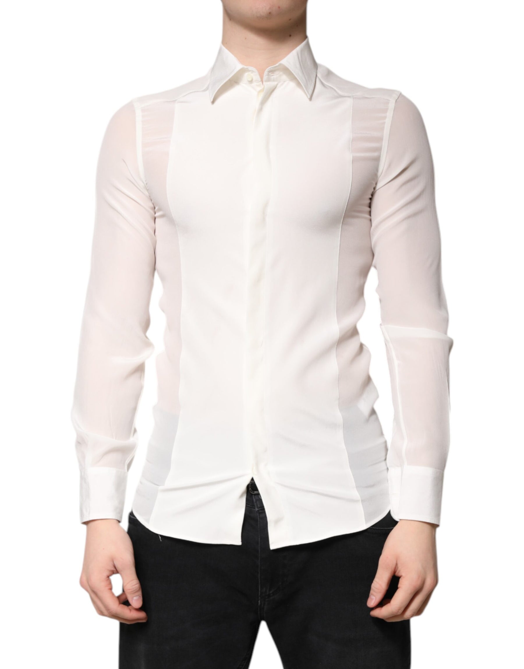 Dolce & Gabbana White Silk GOLD Dress Formal Collared Shirt | Regal Royce