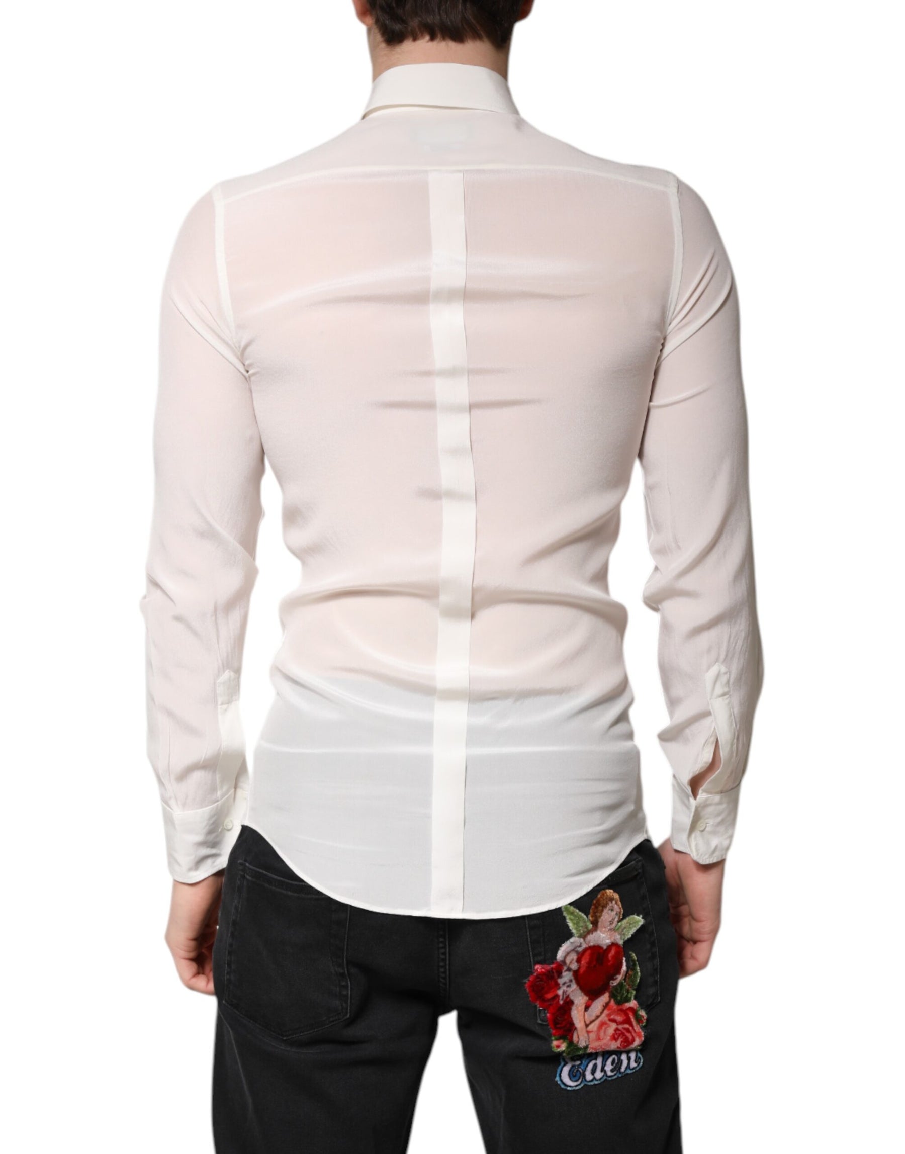 Dolce & Gabbana White Silk GOLD Dress Formal Collared Shirt | Regal Royce