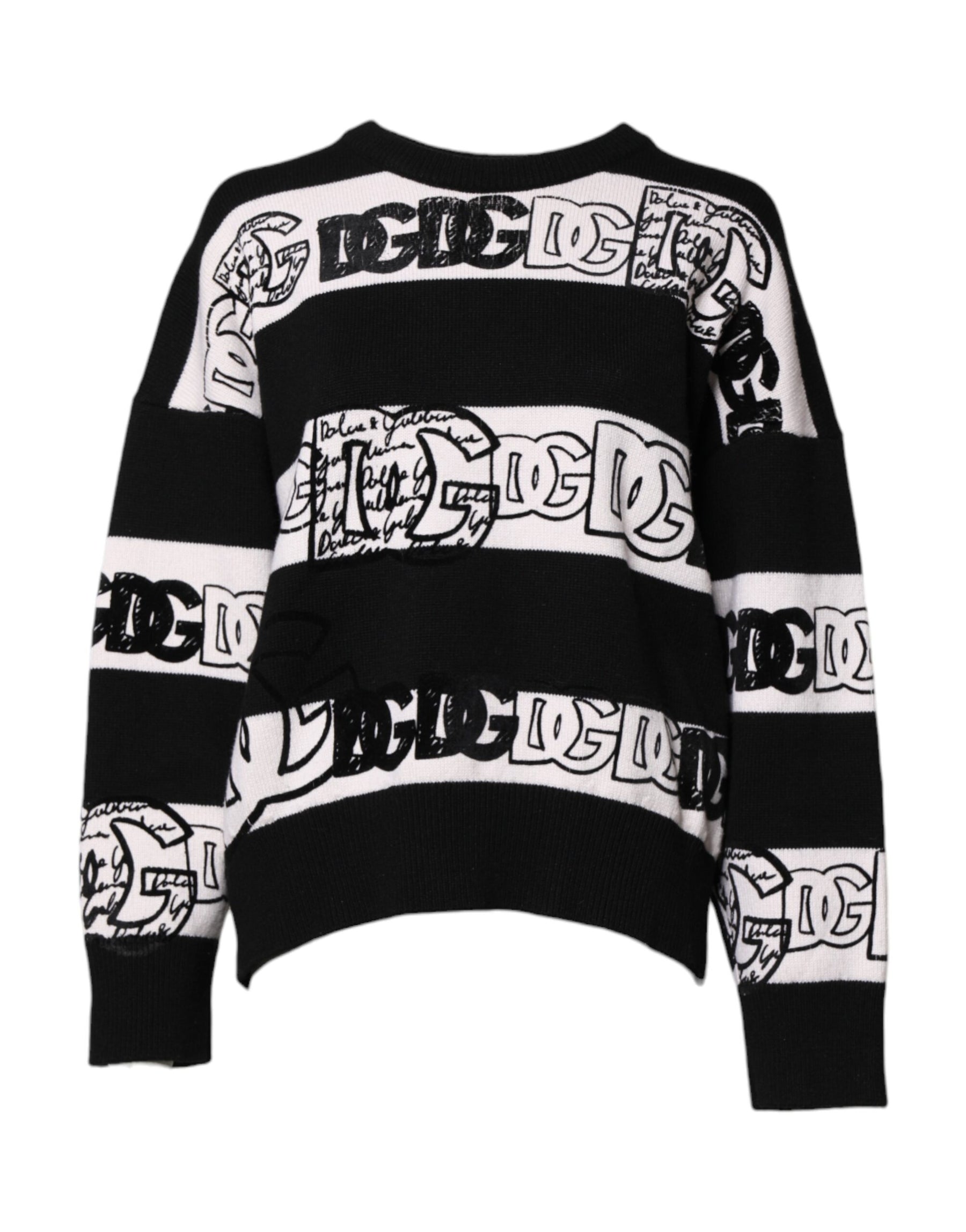 Dolce & Gabbana Black White Logo Print Wool Pullover Sweater | Regal Royce