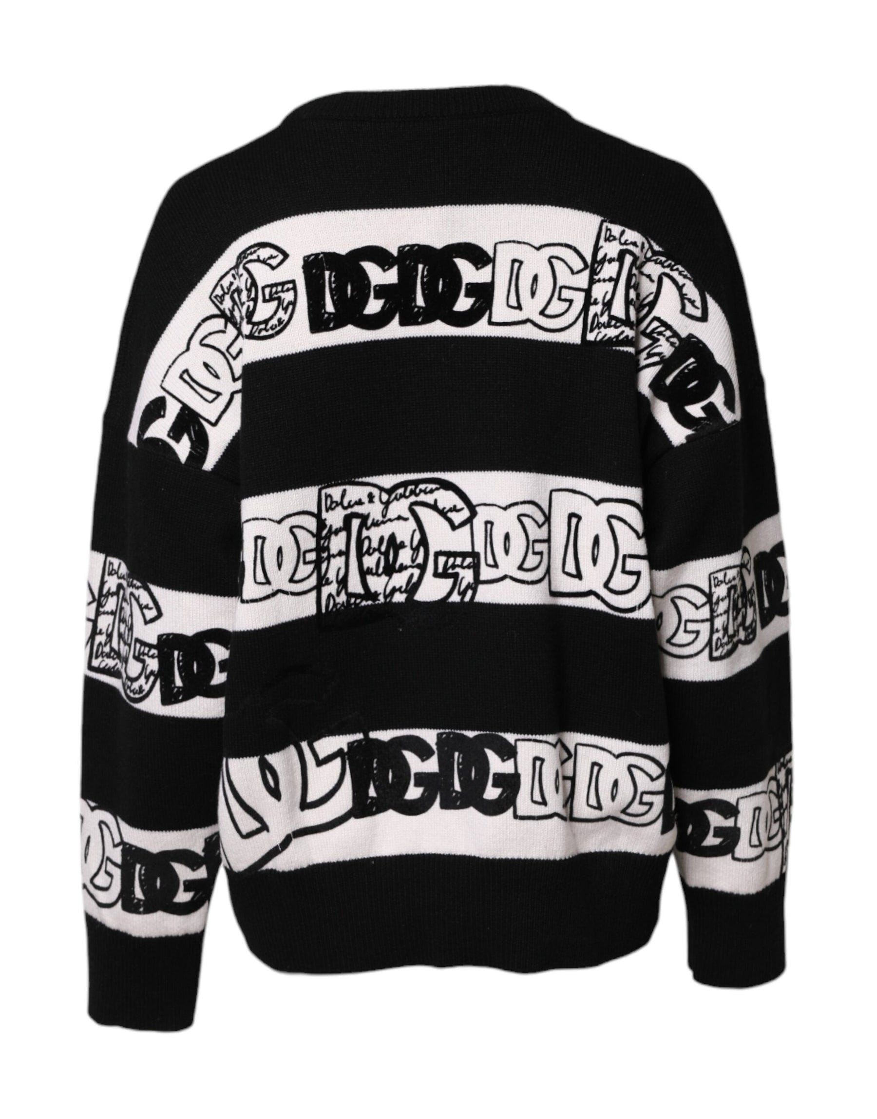 Dolce & Gabbana Black White Logo Print Wool Pullover Sweater | Regal Royce