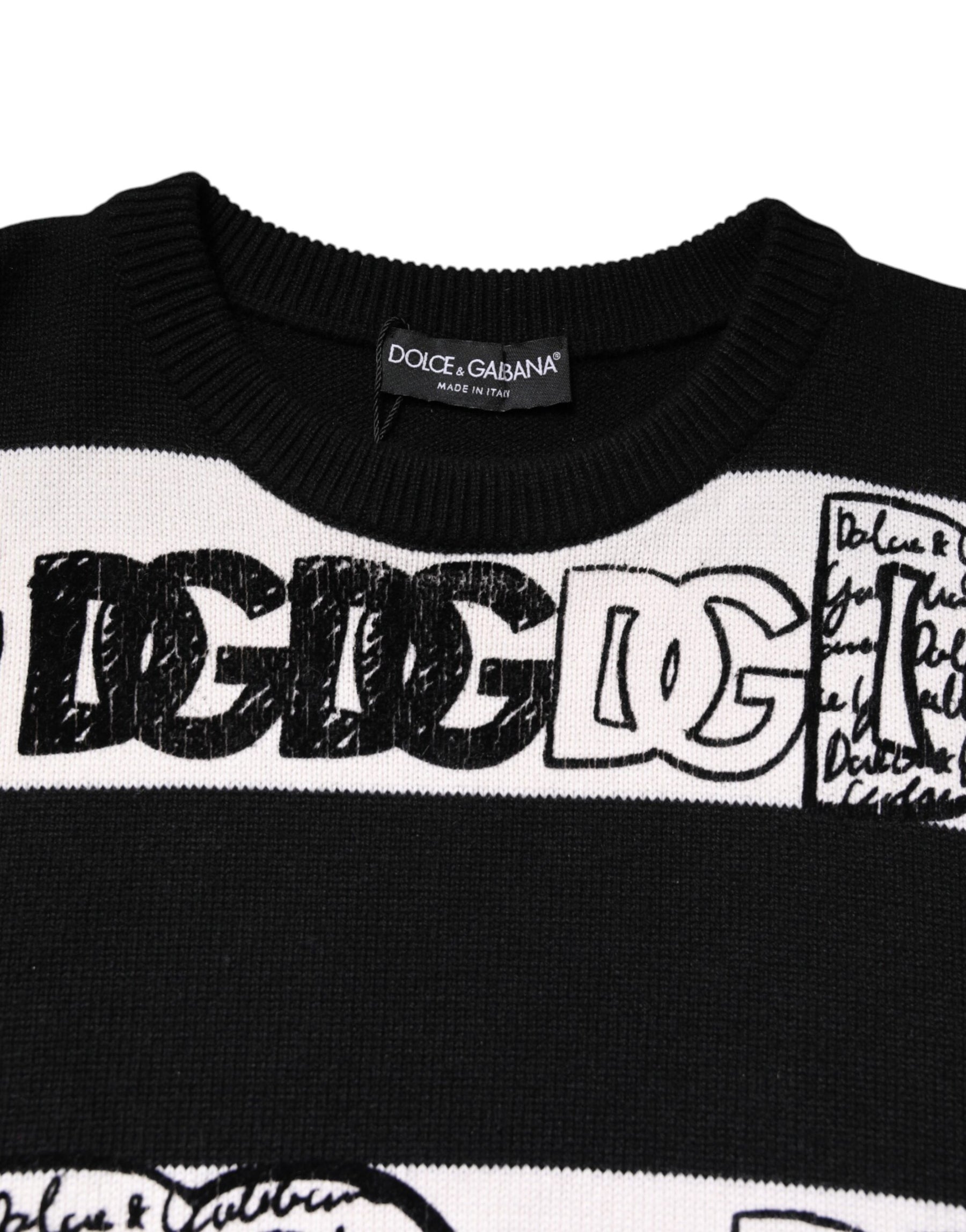 Dolce & Gabbana Black White Logo Print Wool Pullover Sweater | Regal Royce