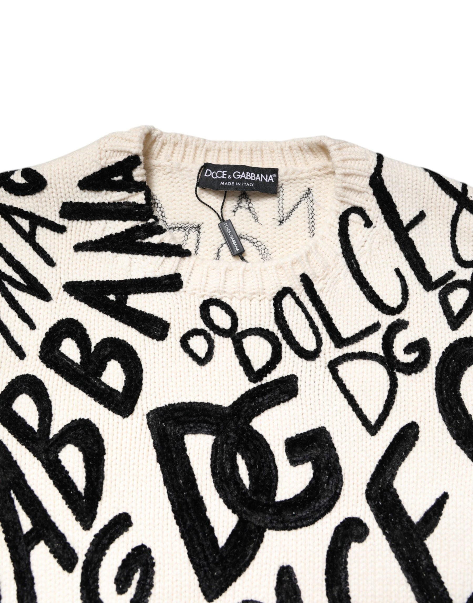 Dolce & Gabbana White Black Logo Print Women Pullover Sweater | Regal Royce