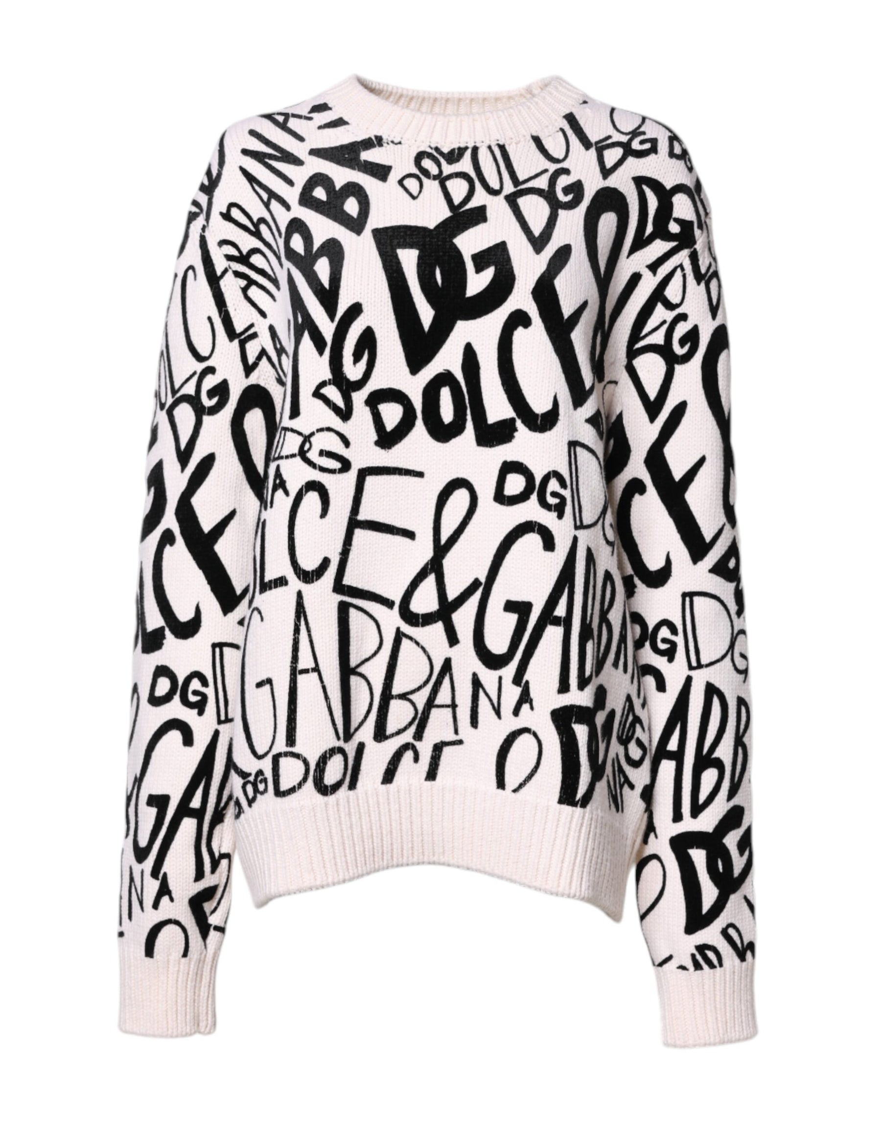 Dolce & Gabbana White Black Logo Print Women Pullover Sweater | Regal Royce