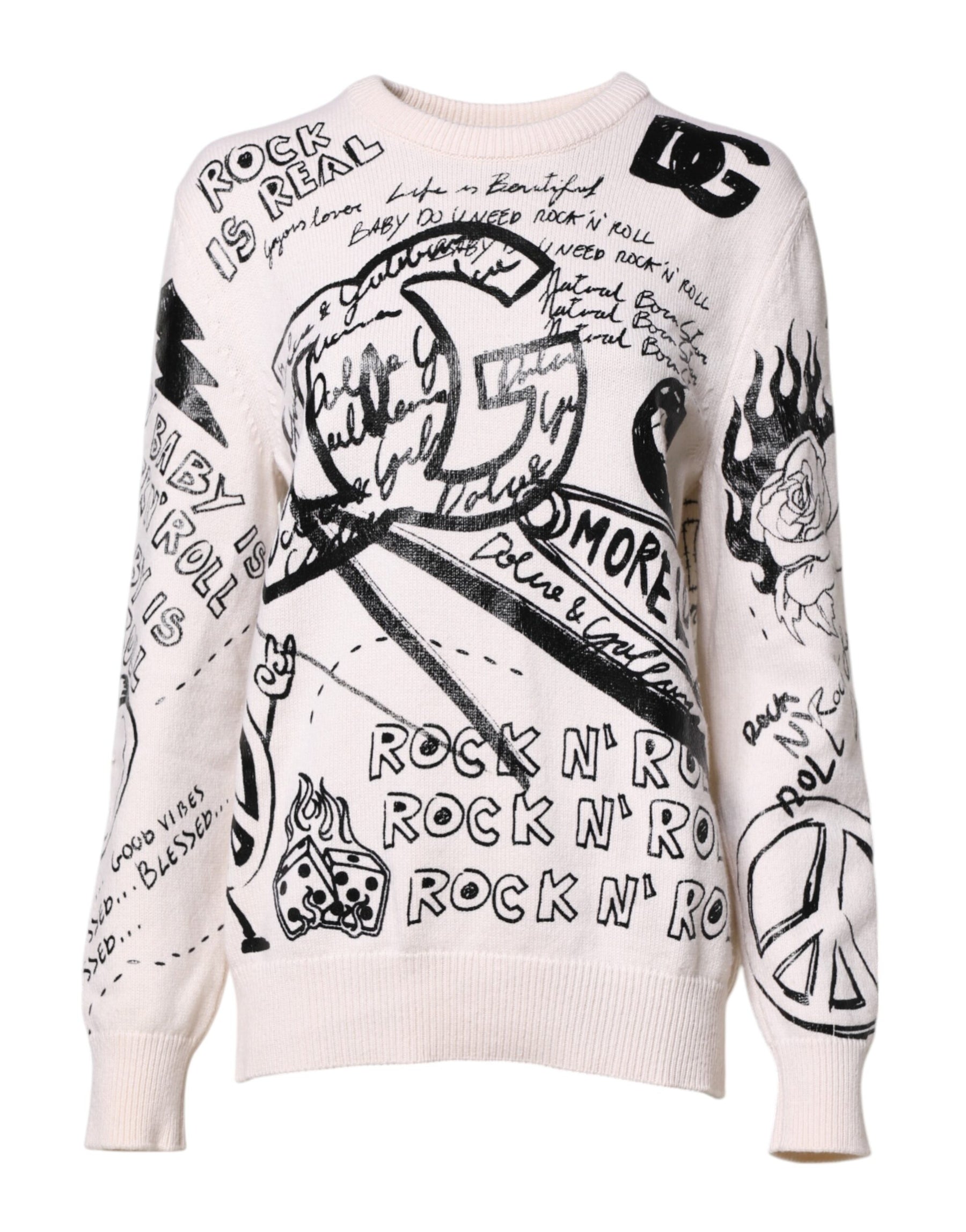 Dolce & Gabbana White Black Logo Print Women Pullover Sweater | Regal Royce