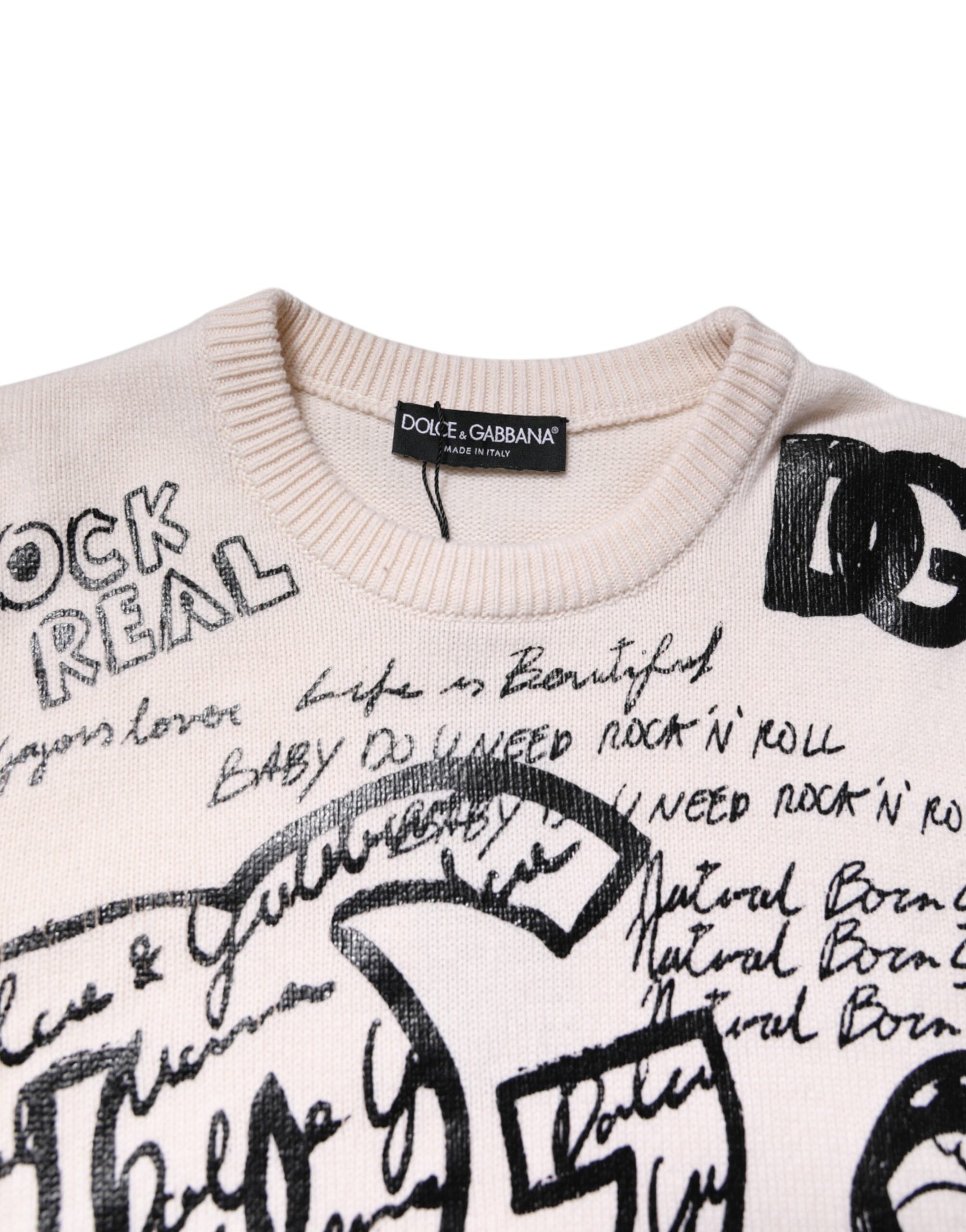 Dolce & Gabbana White Black Logo Print Women Pullover Sweater | Regal Royce