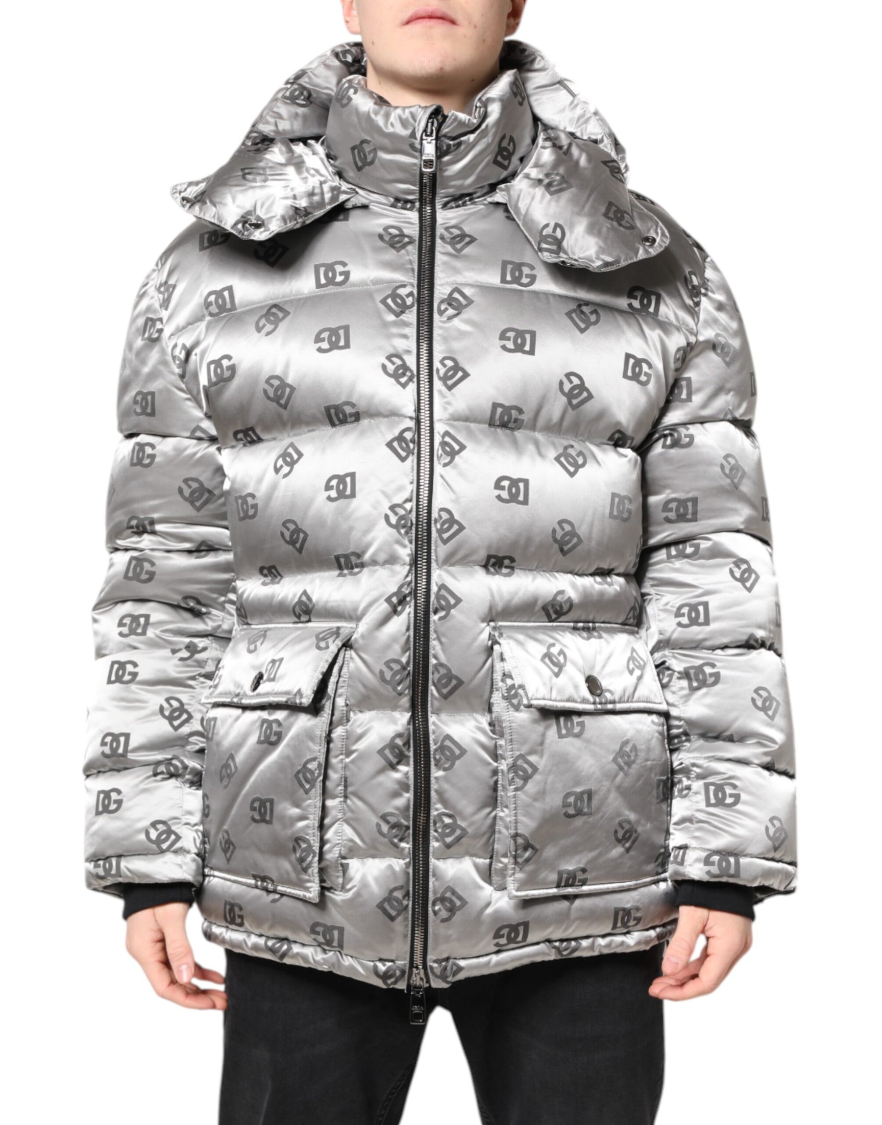 Dolce & Gabbana Silver Logo Full Zip Hooded Quilted Jacket | Regal Royce