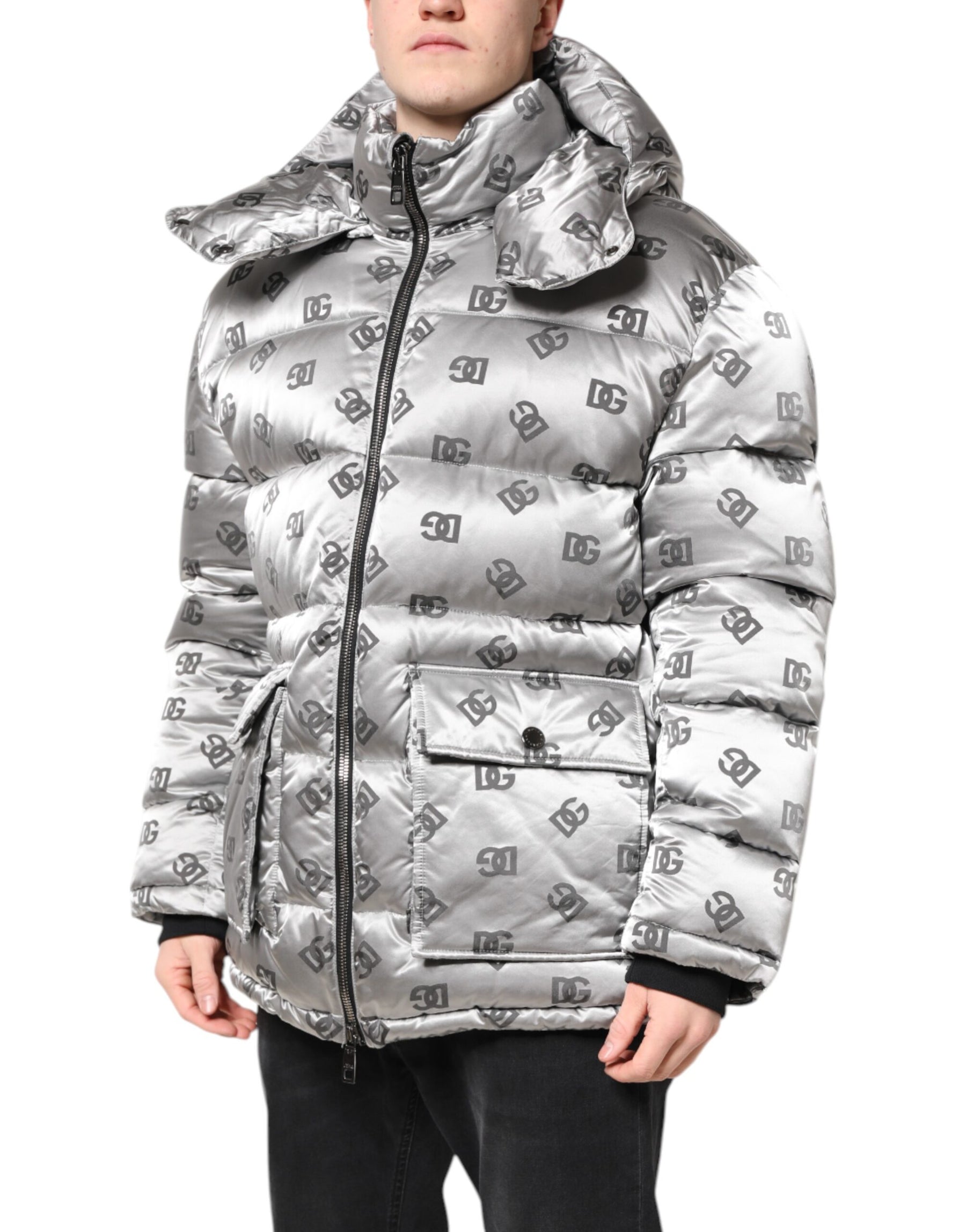 Dolce & Gabbana Silver Logo Full Zip Hooded Quilted Jacket | Regal Royce