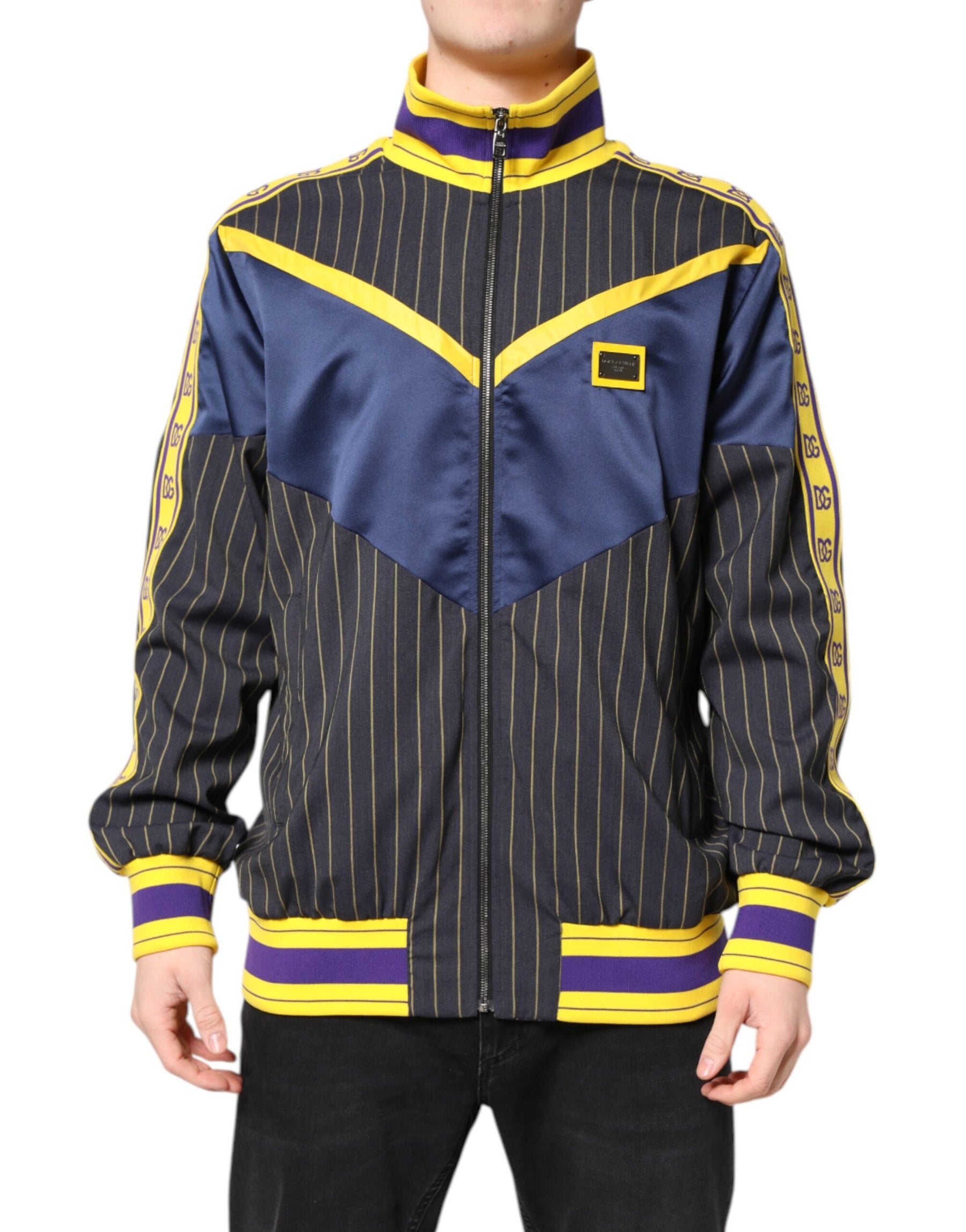 Dolce & Gabbana Black Striped Logo Full Zip Bomber Jacket | Regal Royce