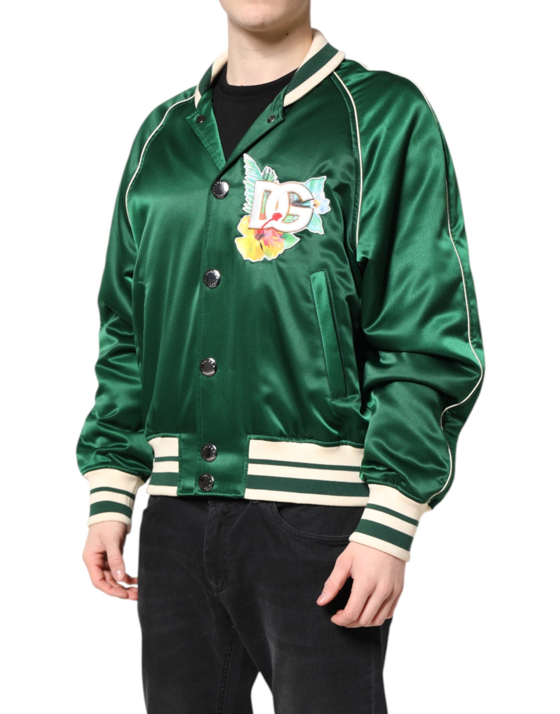 Dolce & Gabbana Green Floral DG Logo Full Zip Bomber Jacket | Regal Royce