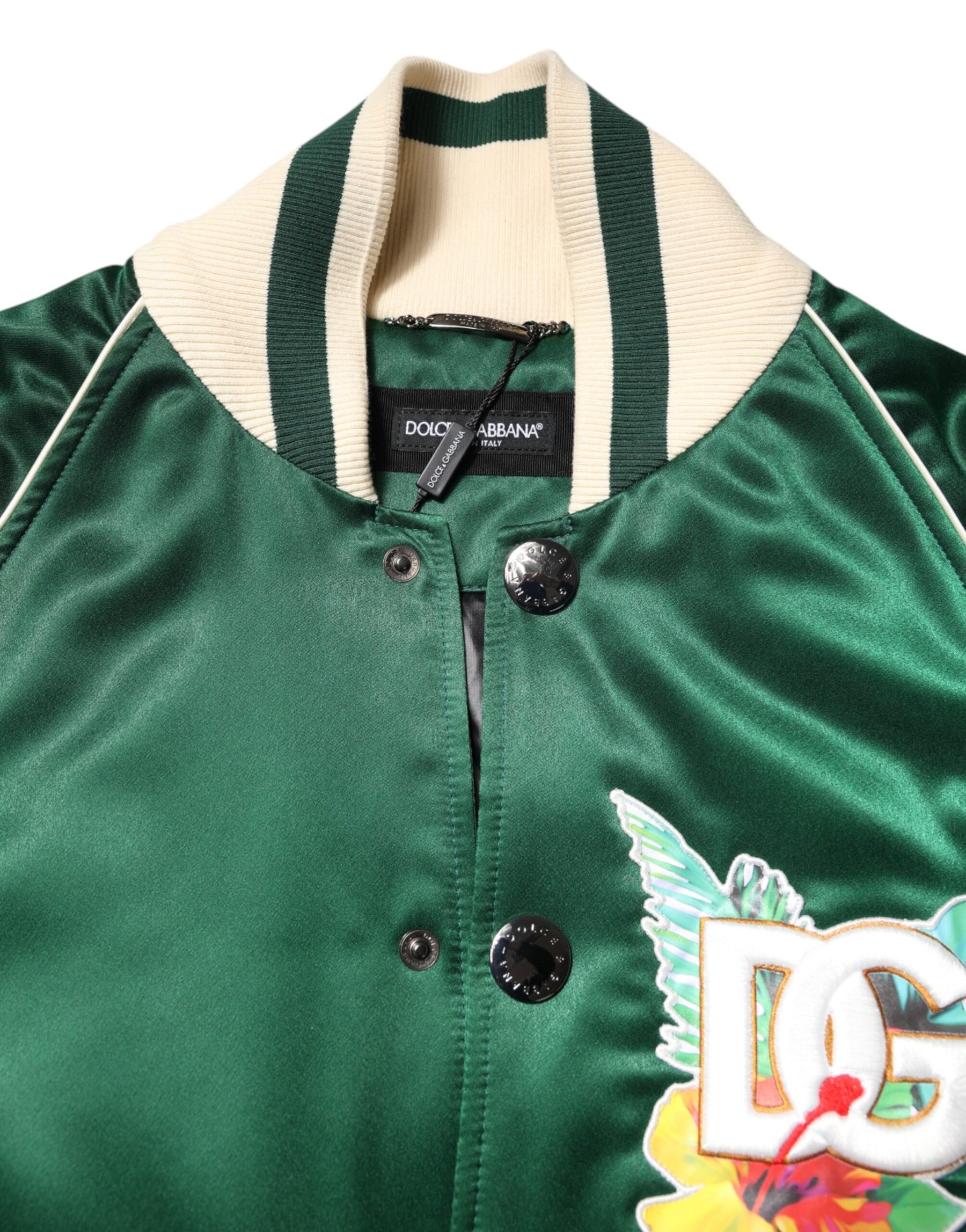 Dolce & Gabbana Green Floral DG Logo Full Zip Bomber Jacket | Regal Royce