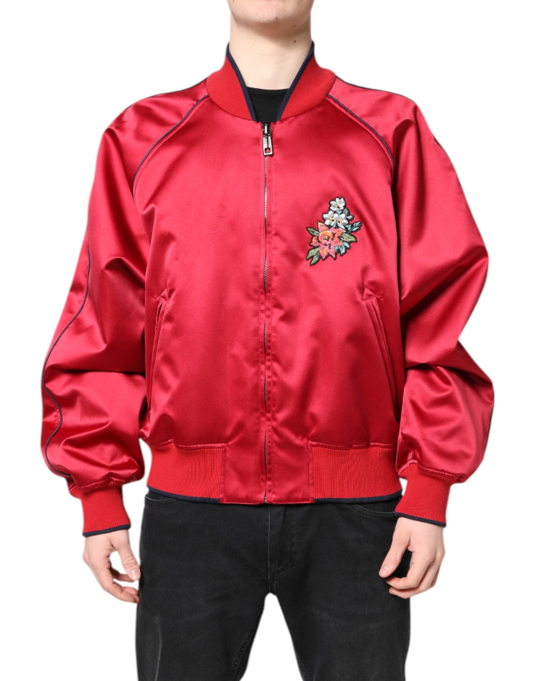 Dolce & Gabbana Red Floral Patch Full Zip Men Bomber Jacket | Regal Royce