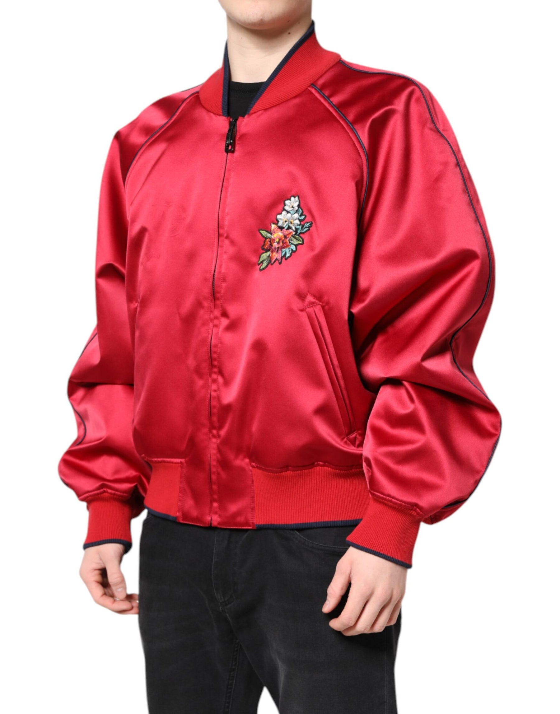 Dolce & Gabbana Red Floral Patch Full Zip Men Bomber Jacket | Regal Royce