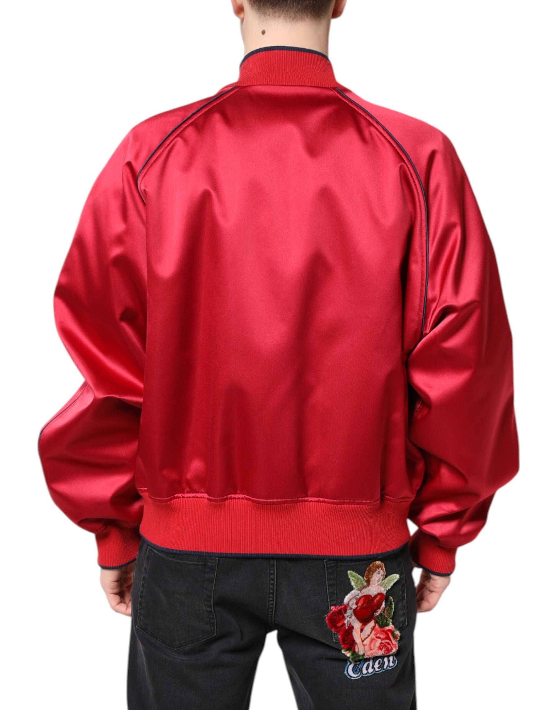 Dolce & Gabbana Red Floral Patch Full Zip Men Bomber Jacket | Regal Royce