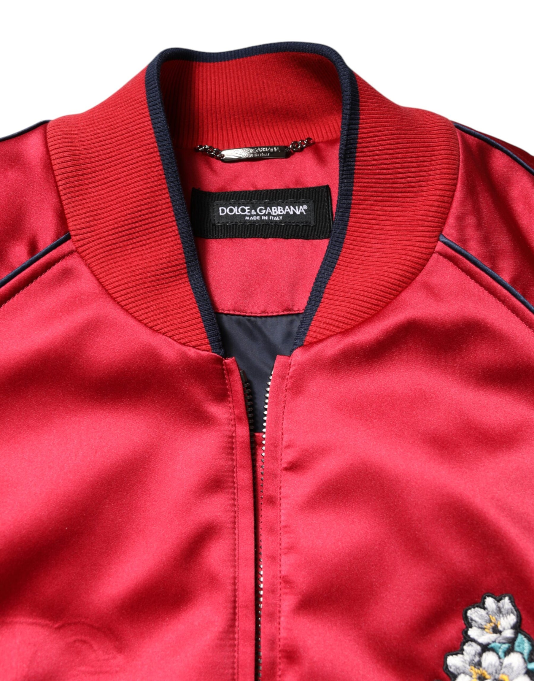 Dolce & Gabbana Red Floral Patch Full Zip Men Bomber Jacket | Regal Royce