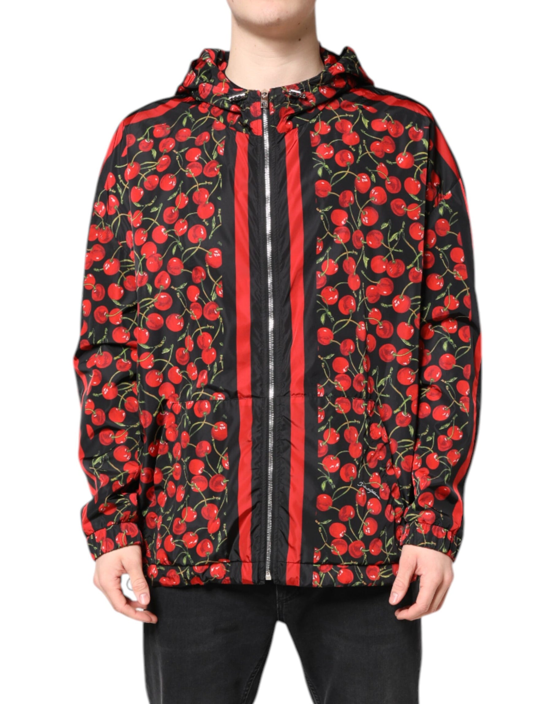 Dolce & Gabbana Black Cherry Print Hooded Windbreaker Jacket | Regal Royce