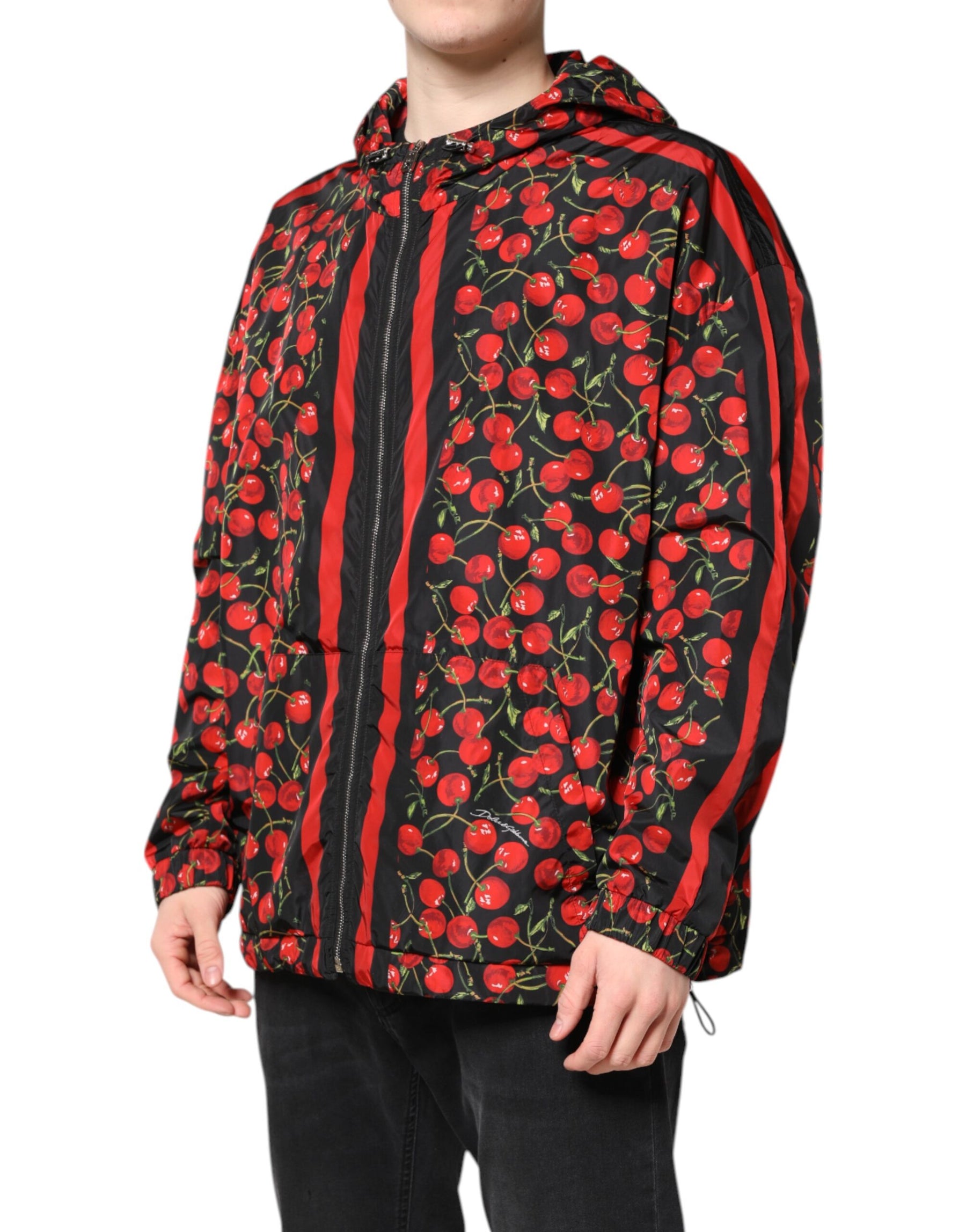 Dolce & Gabbana Black Cherry Print Hooded Windbreaker Jacket | Regal Royce