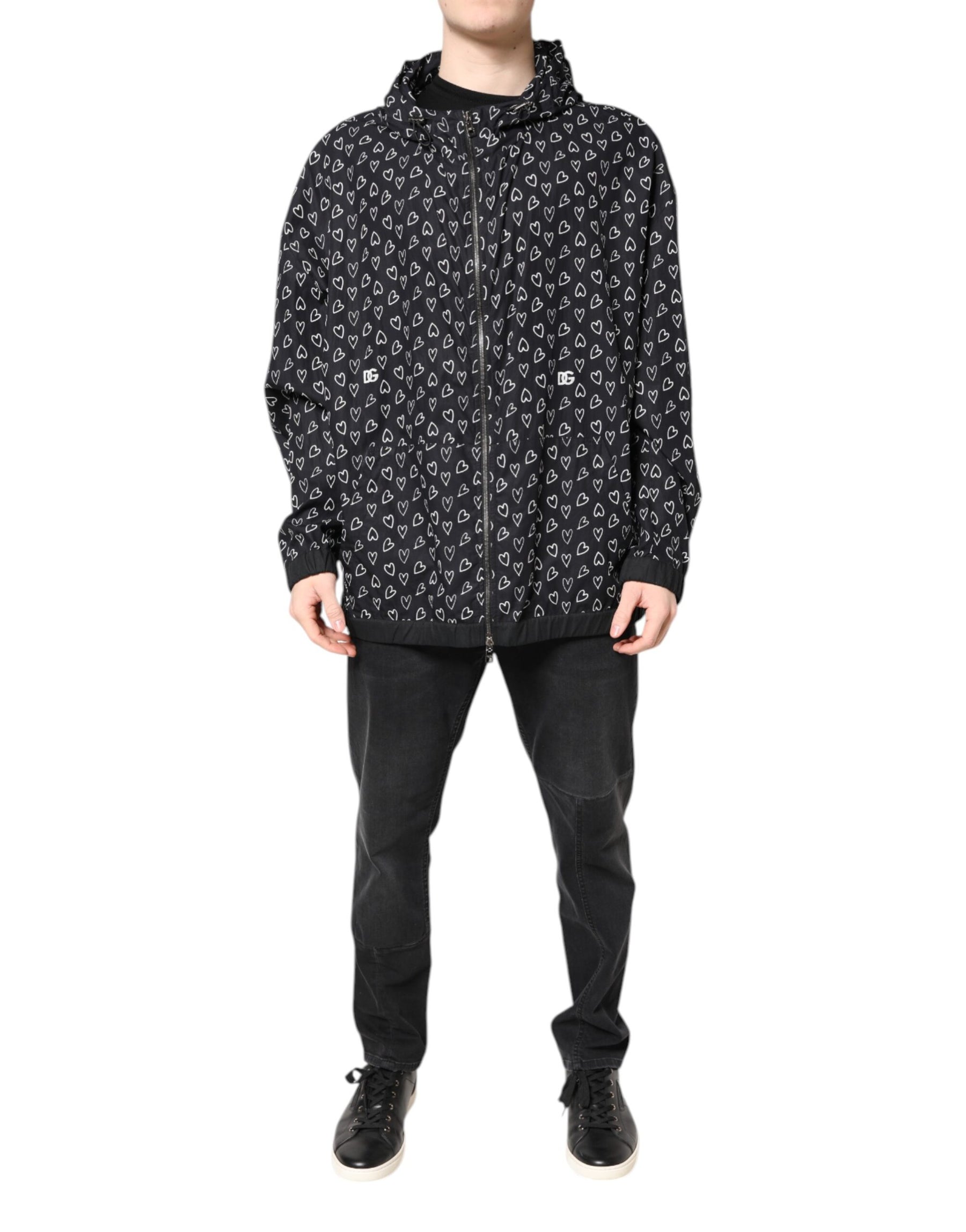 Dolce & Gabbana Black Heart Print Hooded Windbreaker Jacket | Regal Royce