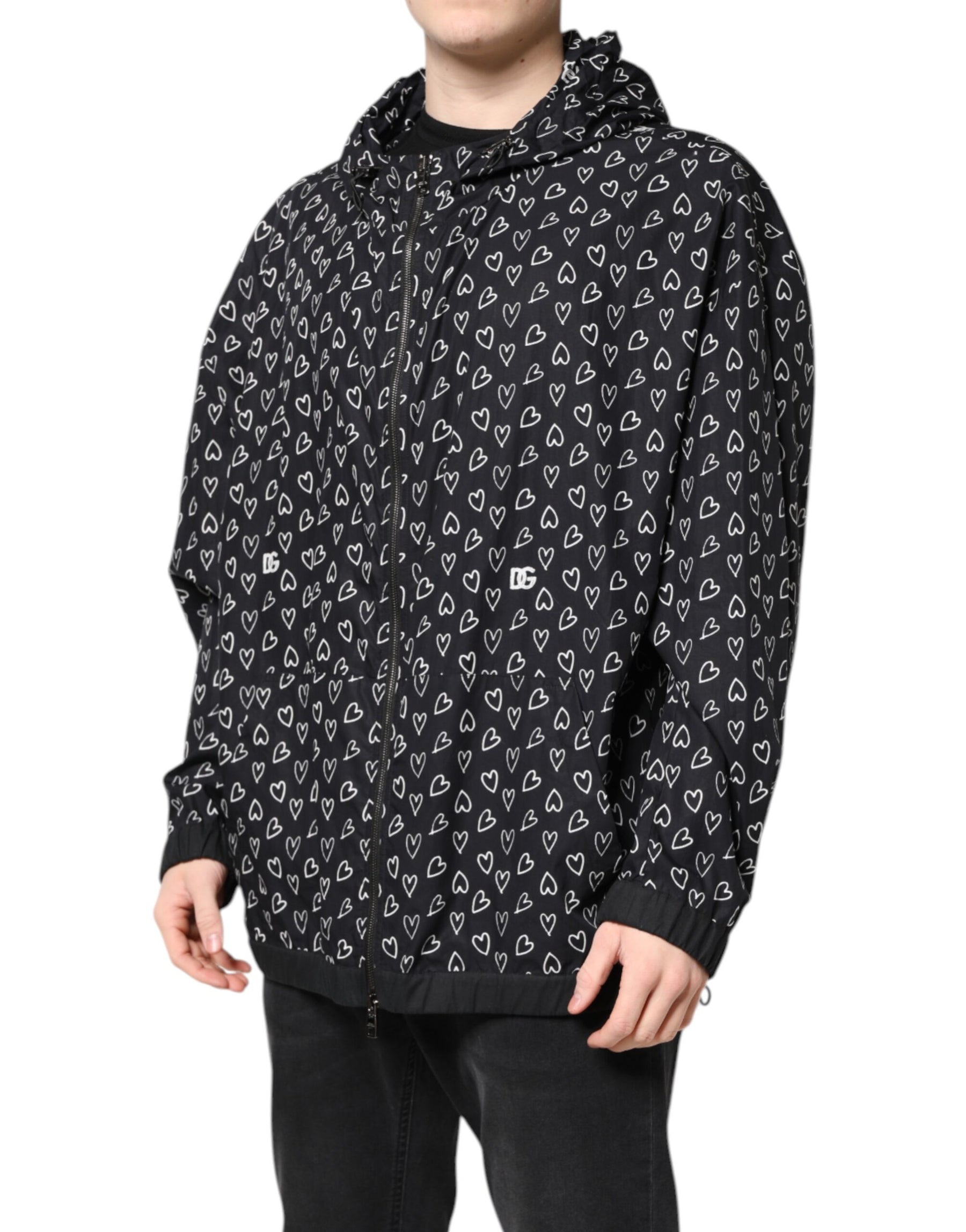Dolce & Gabbana Black Heart Print Hooded Windbreaker Jacket | Regal Royce