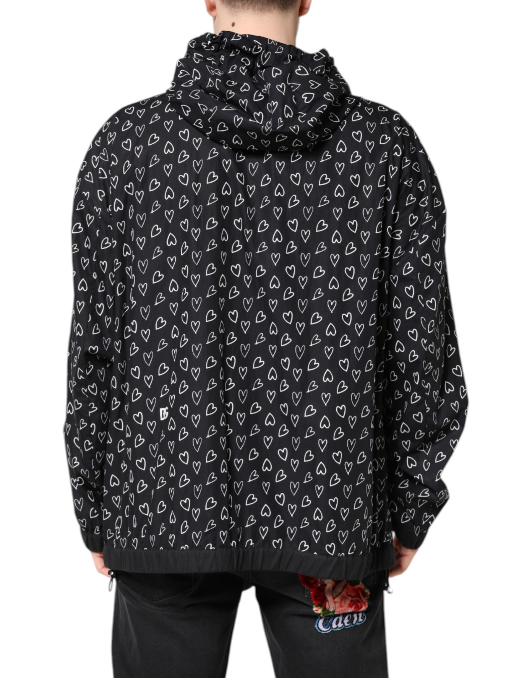 Dolce & Gabbana Black Heart Print Hooded Windbreaker Jacket | Regal Royce