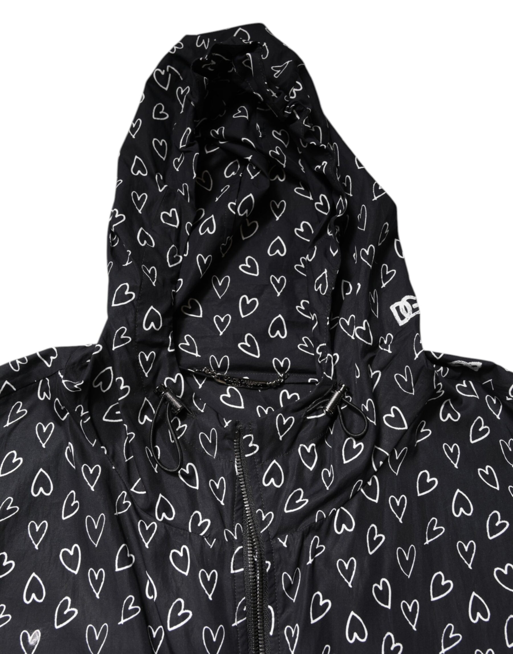 Dolce & Gabbana Black Heart Print Hooded Windbreaker Jacket | Regal Royce
