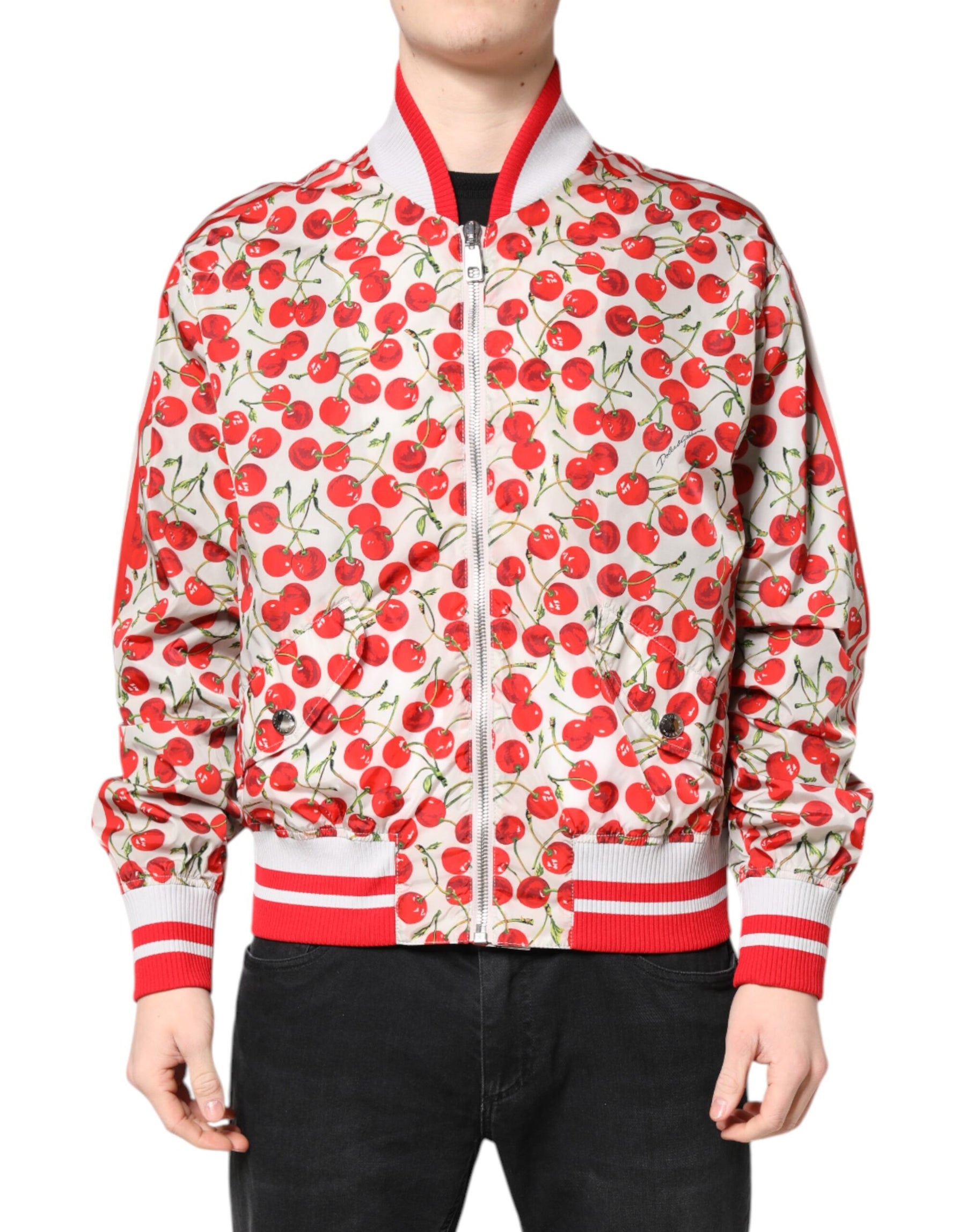 Dolce & Gabbana White Cherry Print Full Zip Bomber Jacket | Regal Royce