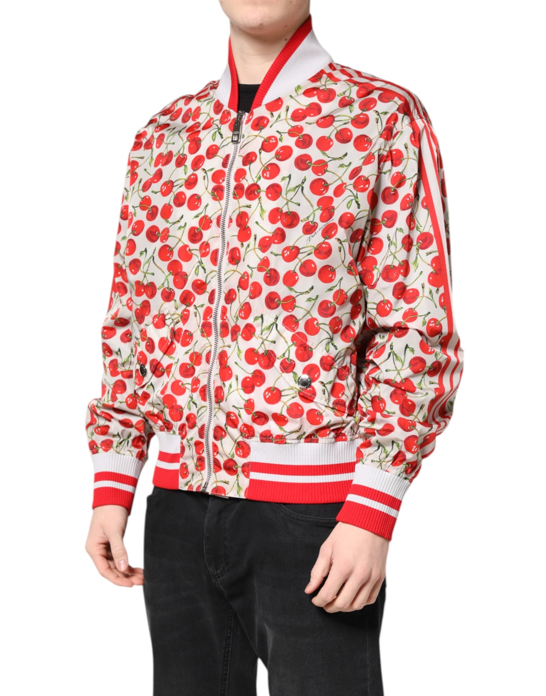 Dolce & Gabbana White Cherry Print Full Zip Bomber Jacket | Regal Royce