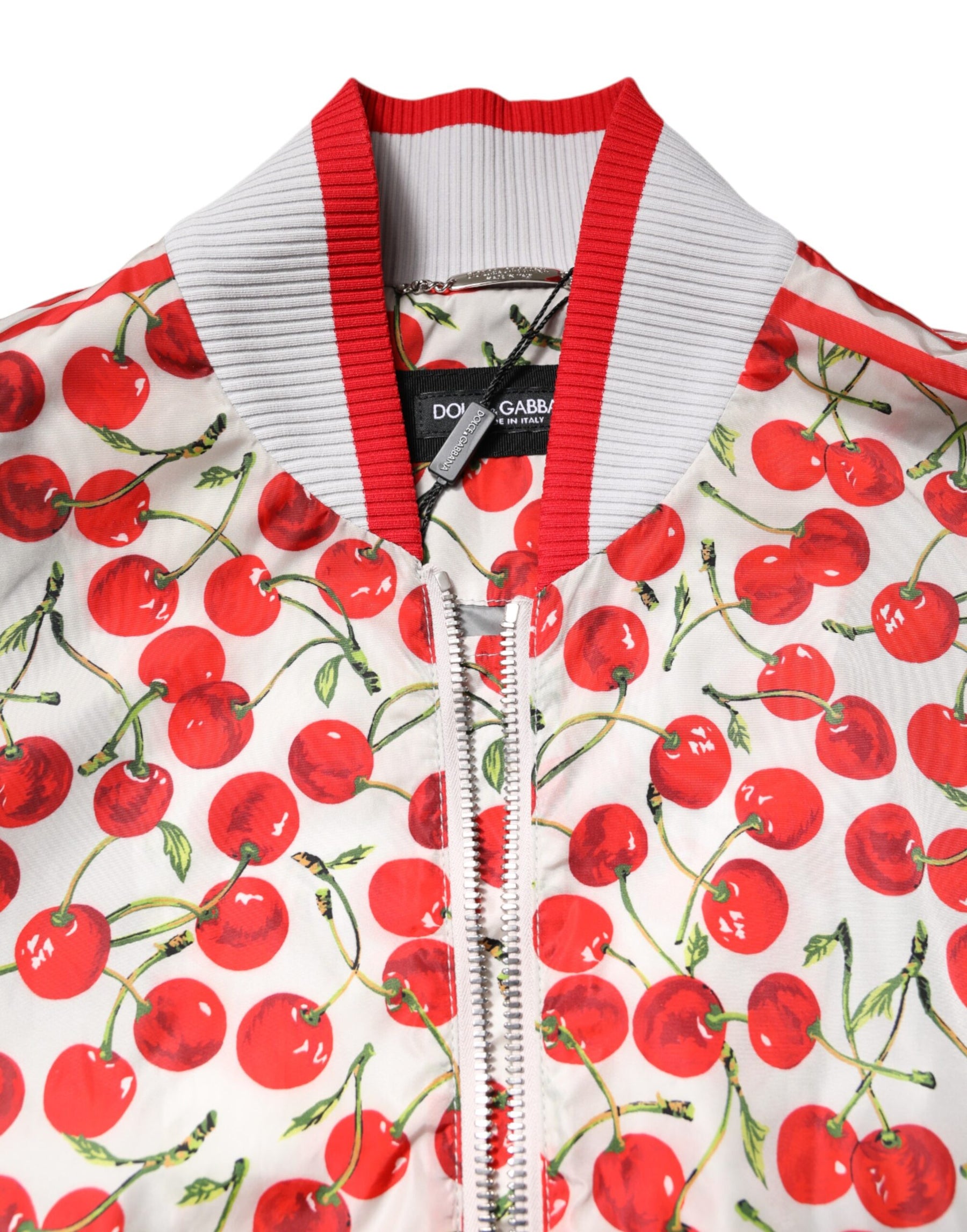 Dolce & Gabbana White Cherry Print Full Zip Bomber Jacket | Regal Royce