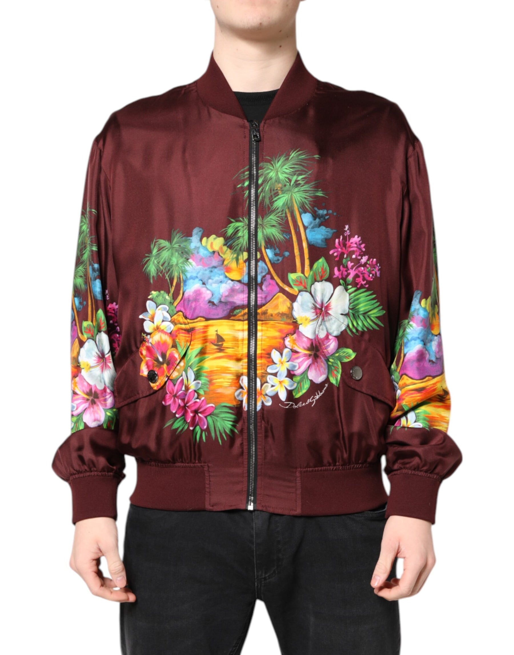 Dolce & Gabbana Maroon Floral Print Full Zip Bomber Jacket | Regal Royce